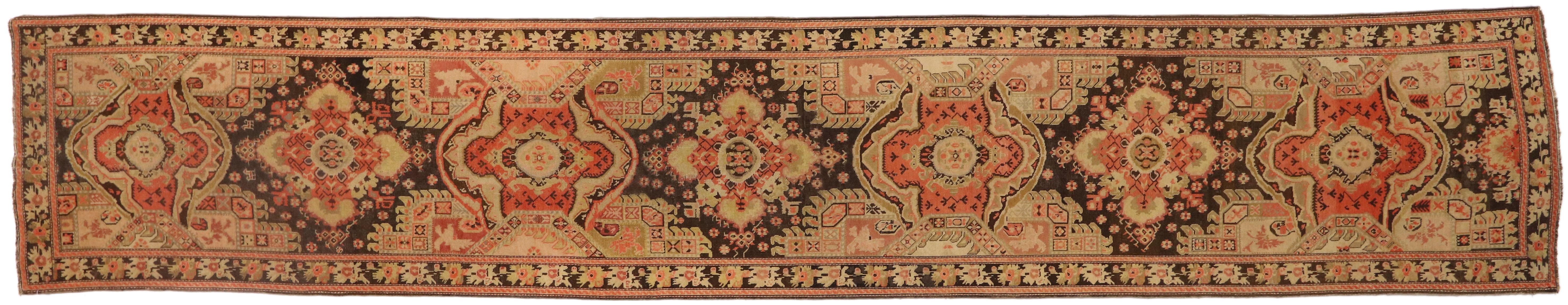 Extra-Long Antique Caucasian Karabakh Runner with Warm Artisinal Style For Sale 1