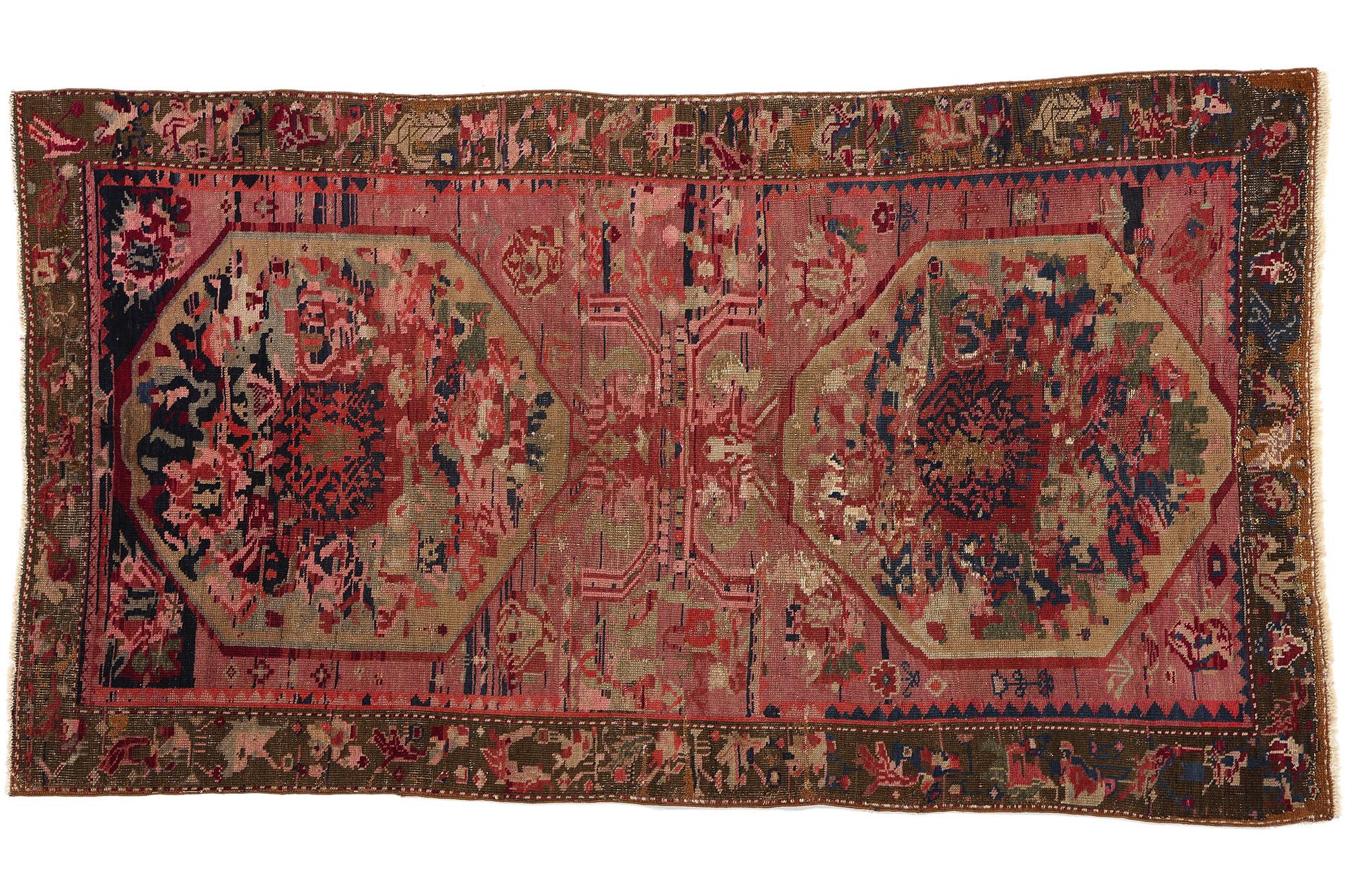 1920's Antique Pink Rose Caucasian Karabakh Carpet For Sale 3