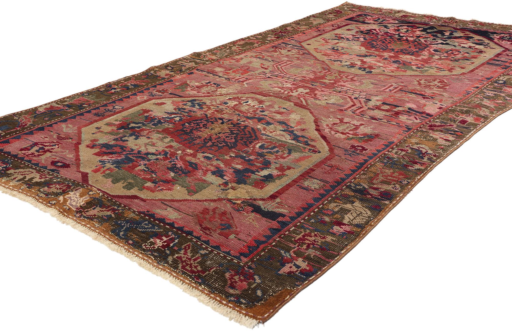 61160 Antique Caucasian Karabagh Rose Rug, 04'02 x 07'06. Caucasian Karabagh rose rugs, originating from the Karabakh region in the South Caucasus, boast intricate rose motifs as their defining feature, set against vibrant colors and geometric