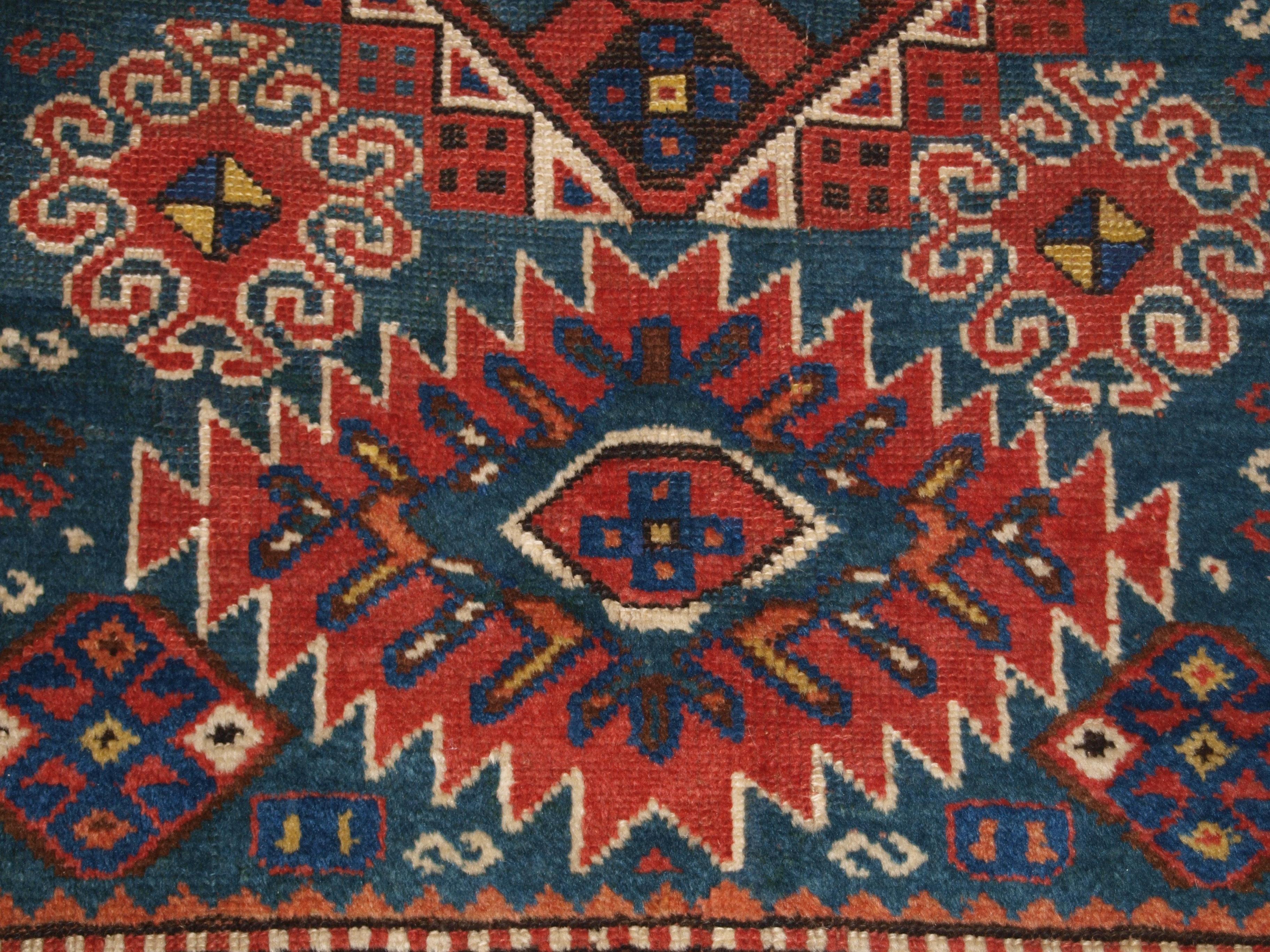 Antique Caucasian Karachov Kazak Rug on Green Ground For Sale 3