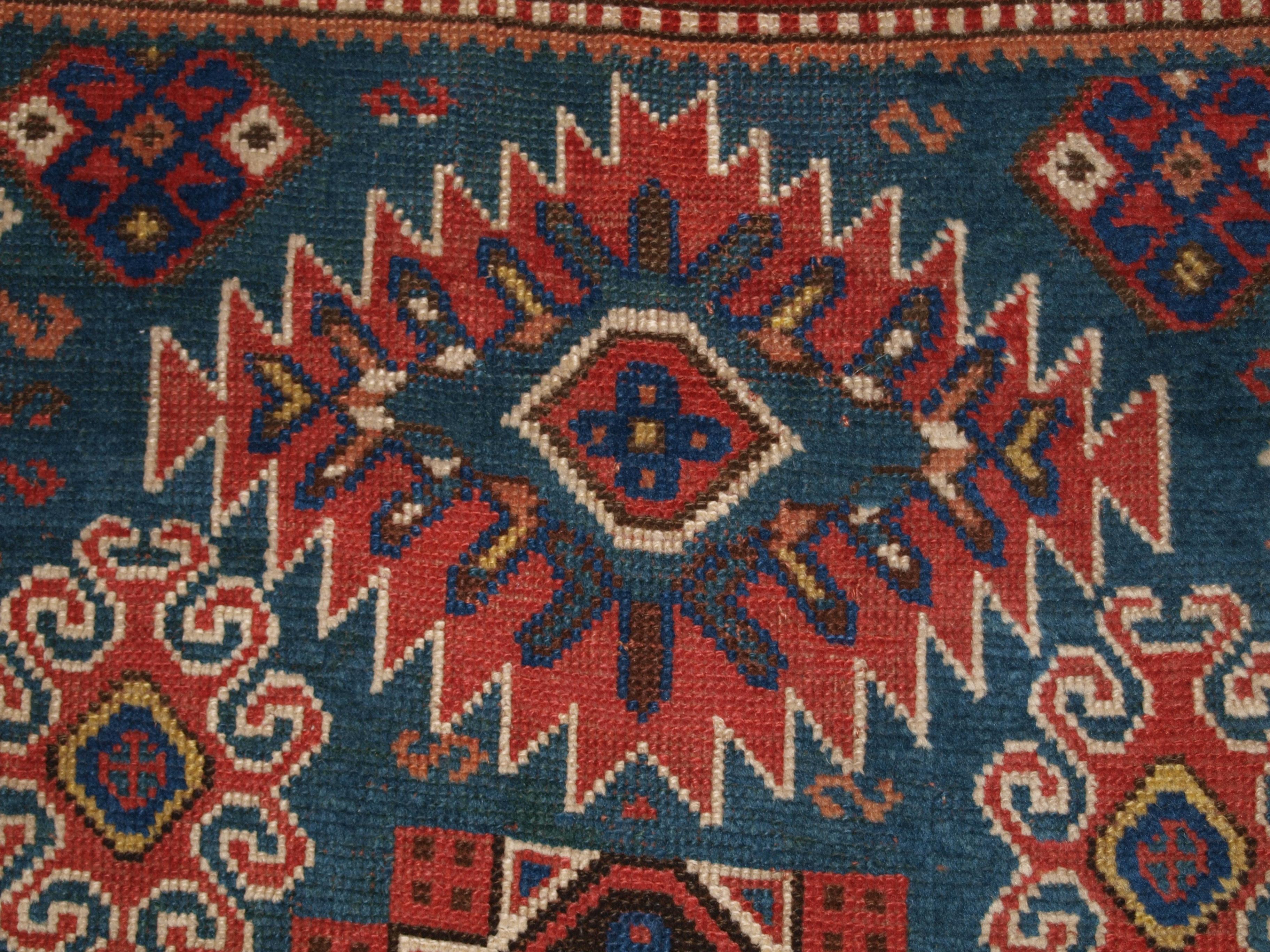 Antique Caucasian Karachov Kazak Rug on Green Ground For Sale 5
