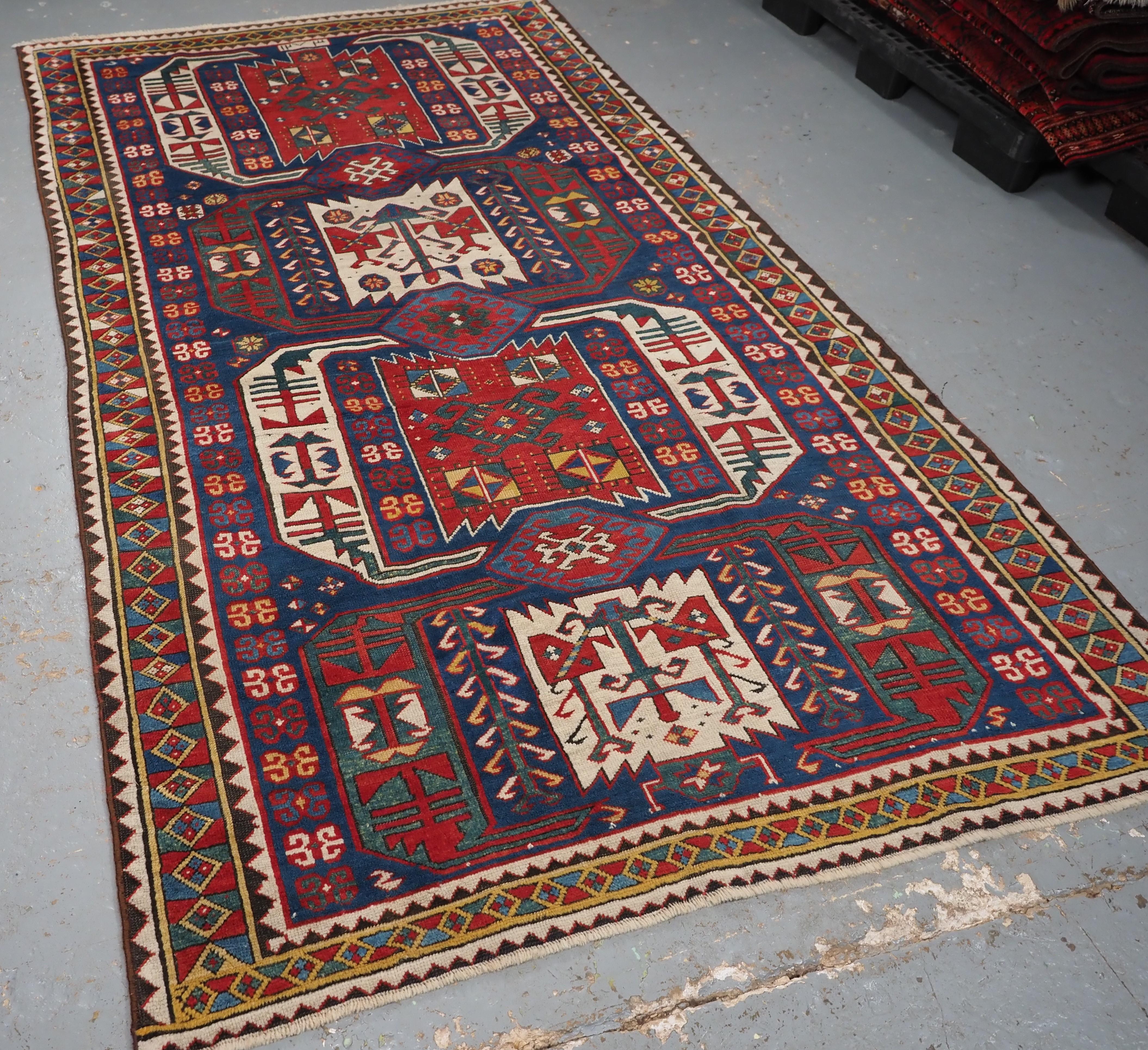 
Size: 8ft 10in x 4ft 10in (270 x 147cm).

Antique Caucasian Kasim-Usag rug of classic design with superb colour. Dated to the field 1273 (1856).

Dated 1856.

The rug is of an early date and has drawing of a scarce form, the dye quality is