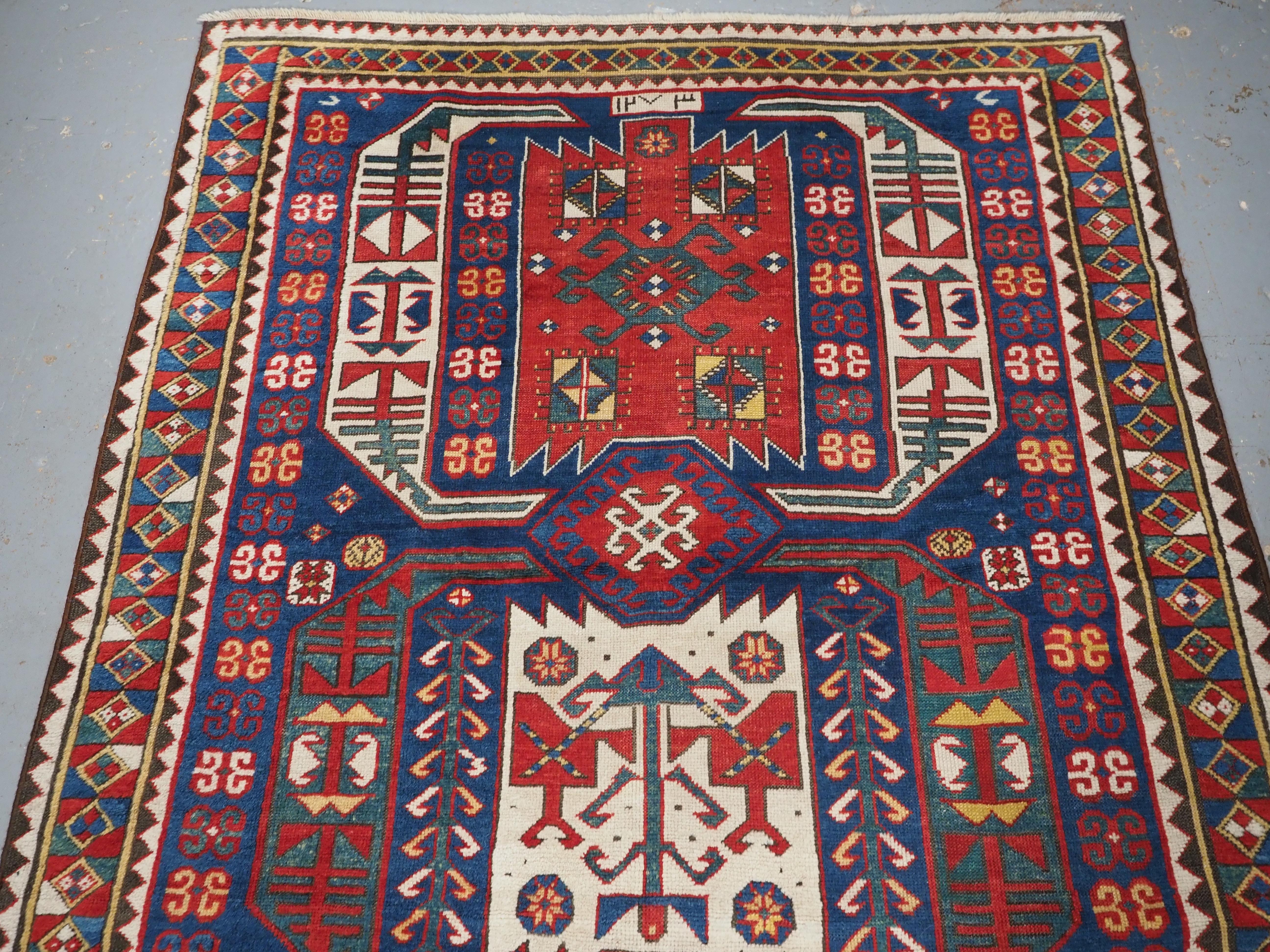 Antique Caucasian Kasim-Usag rug of classic design with superb colour., 1856. In Good Condition For Sale In Moreton-In-Marsh, GB