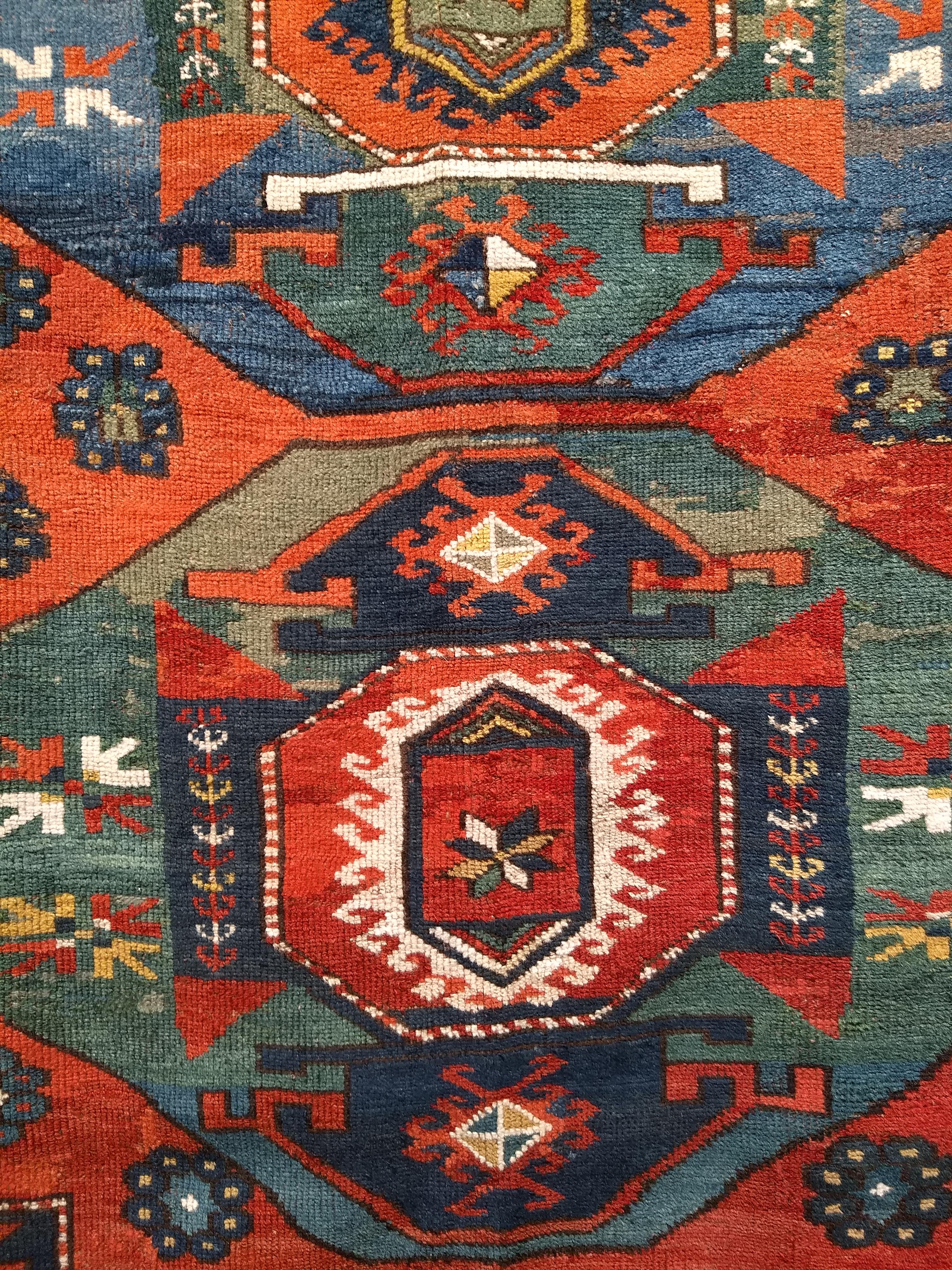 19th Century Caucasian Kazak in Medallion Pattern in Blue, Green, Yellow, Red For Sale 5