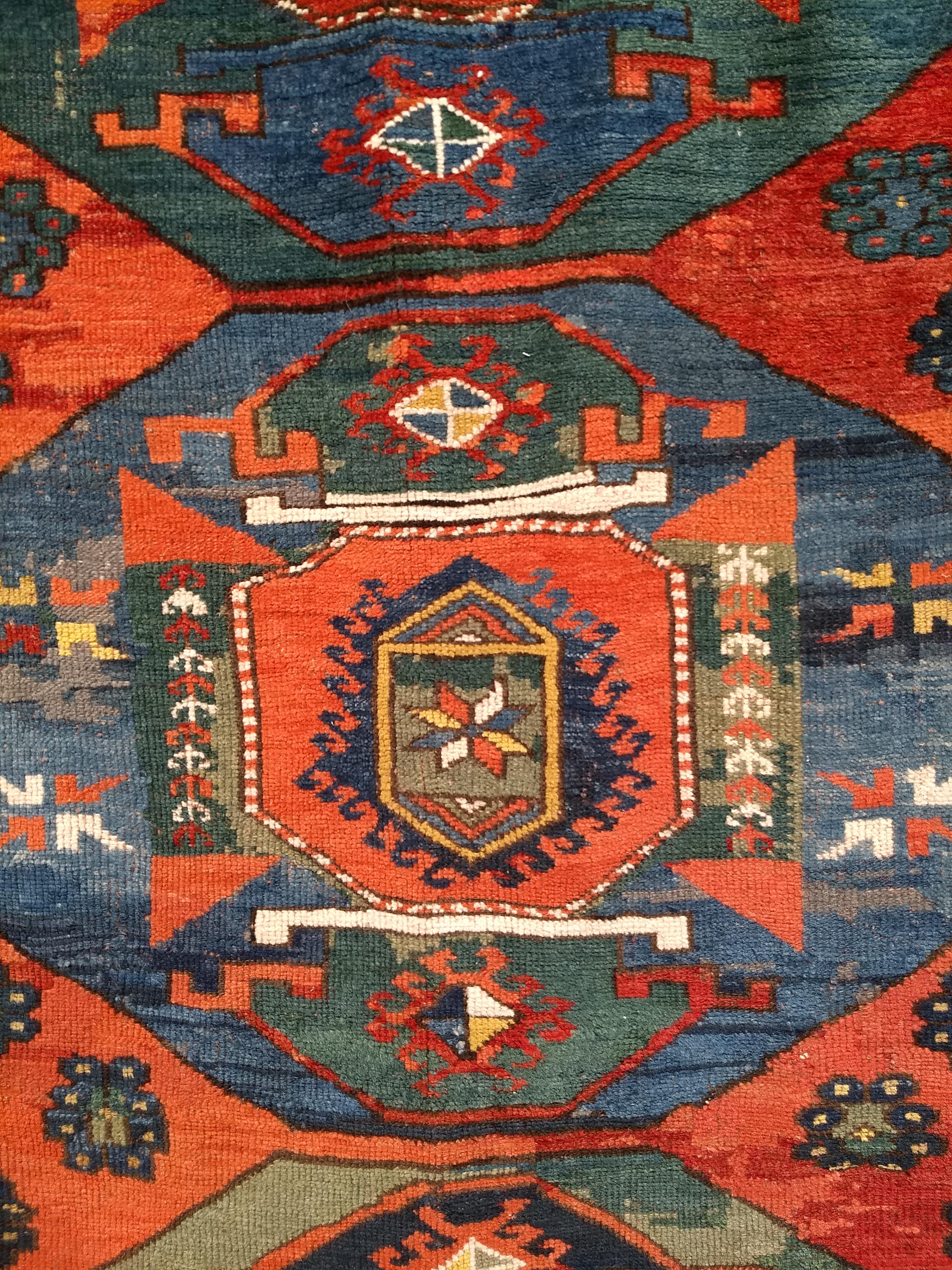 19th Century Caucasian Kazak in Medallion Pattern in Blue, Green, Yellow, Red For Sale 6