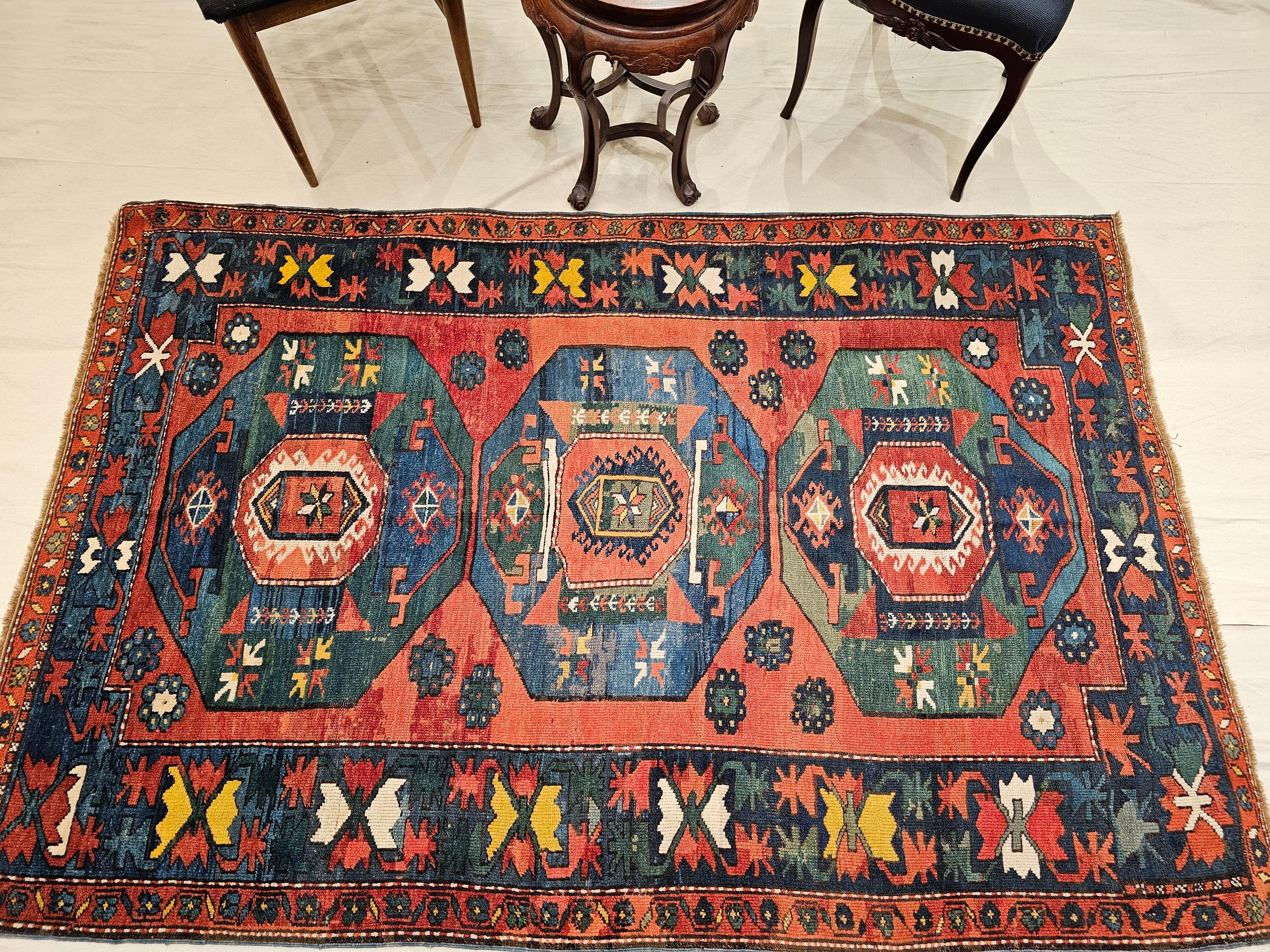 19th Century Caucasian Kazak in Medallion Pattern in Blue, Green, Yellow, Red For Sale 9