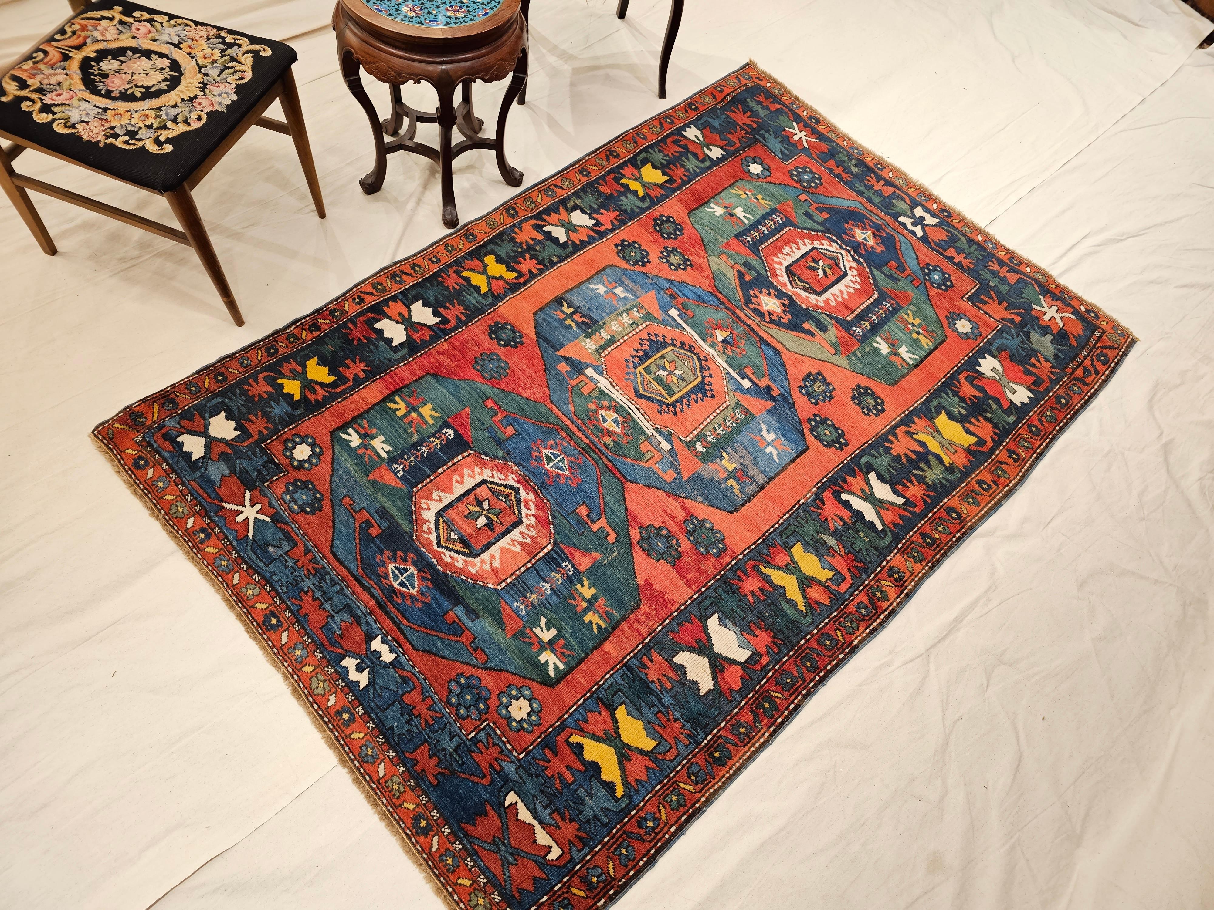 19th Century Caucasian Kazak in Medallion Pattern in Blue, Green, Yellow, Red For Sale 10