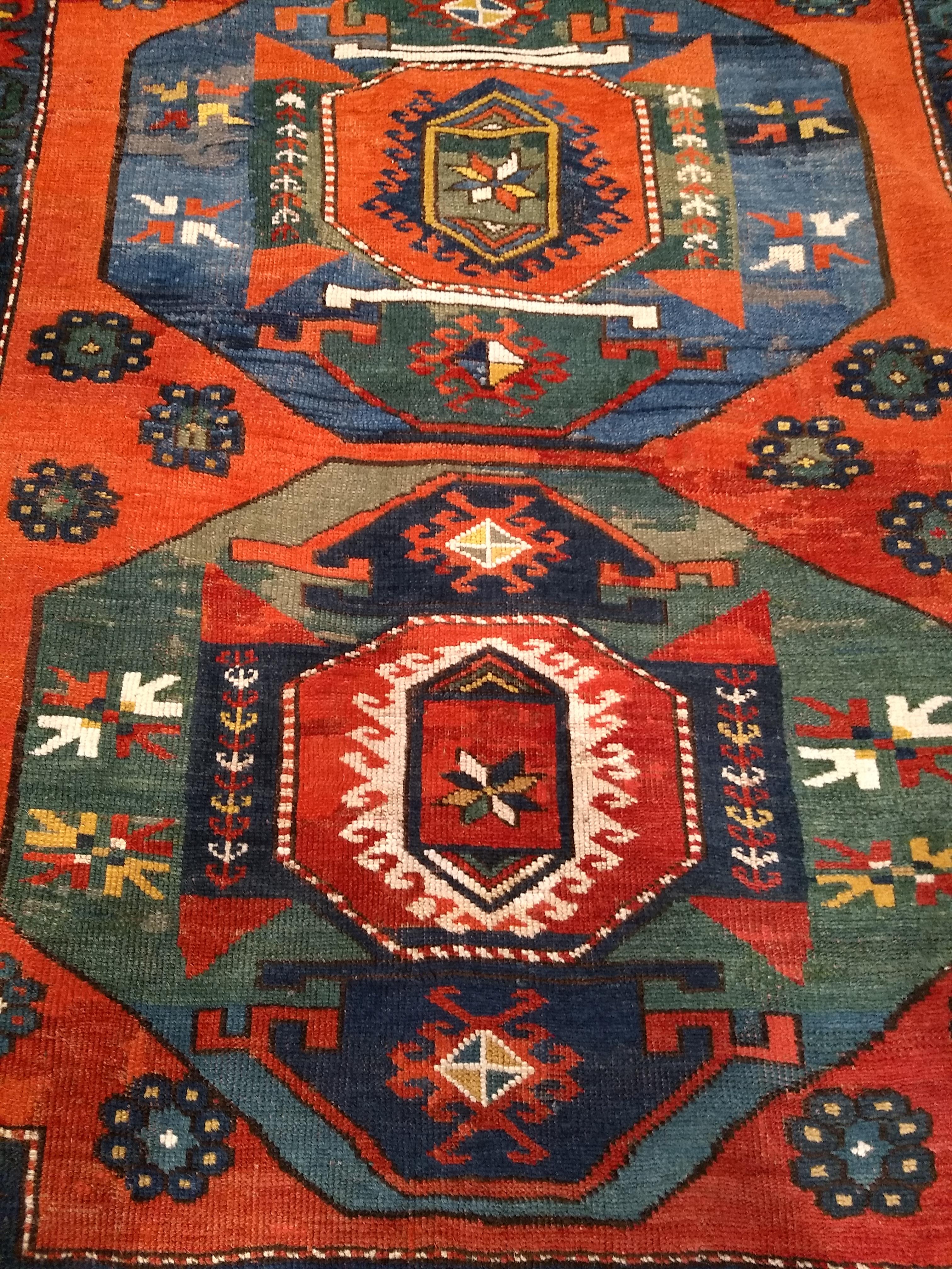 19th Century Caucasian Kazak in Medallion Pattern in Blue, Green, Yellow, Red In Good Condition For Sale In Barrington, IL