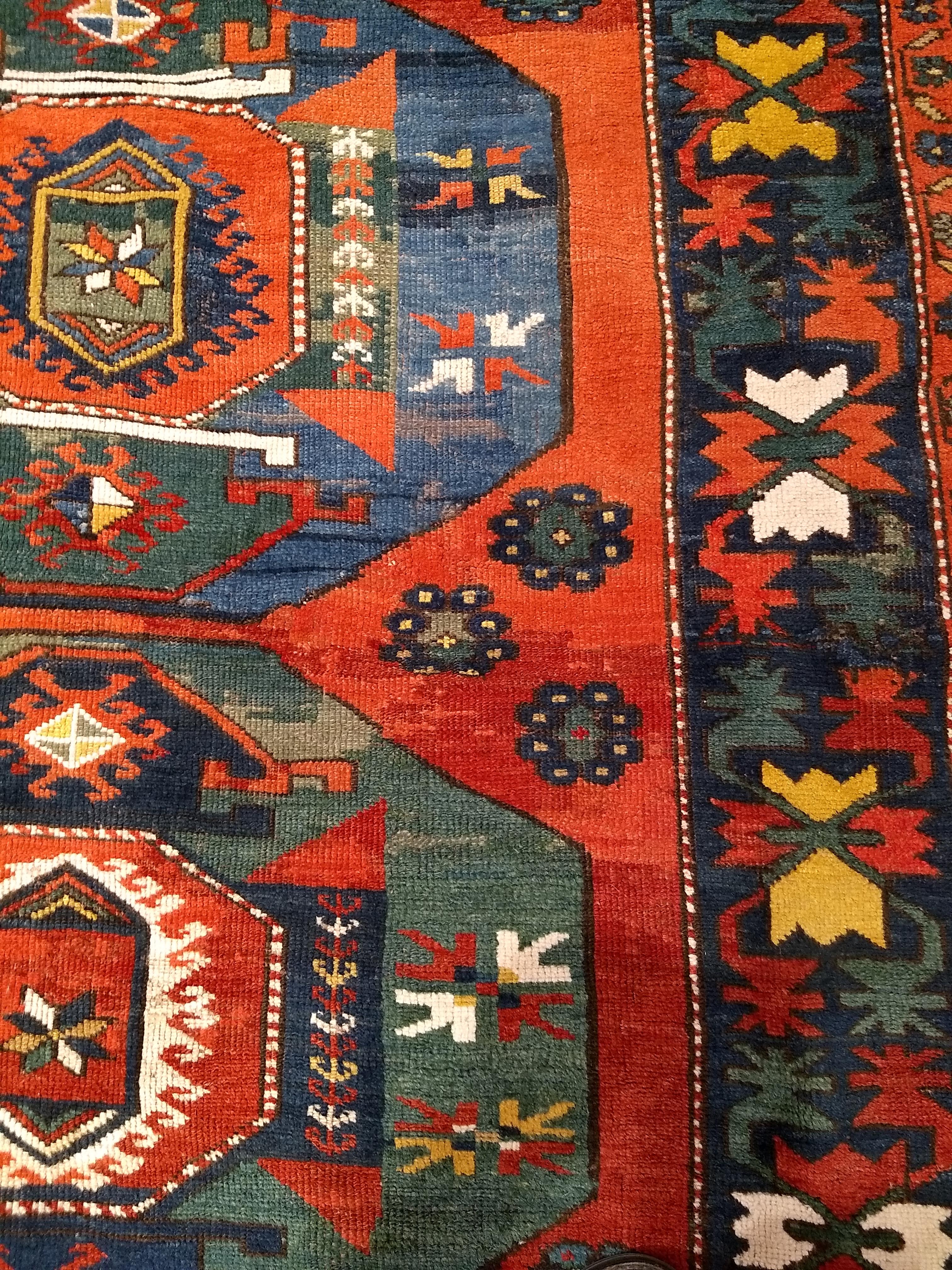 19th Century Caucasian Kazak in Medallion Pattern in Blue, Green, Yellow, Red For Sale 1