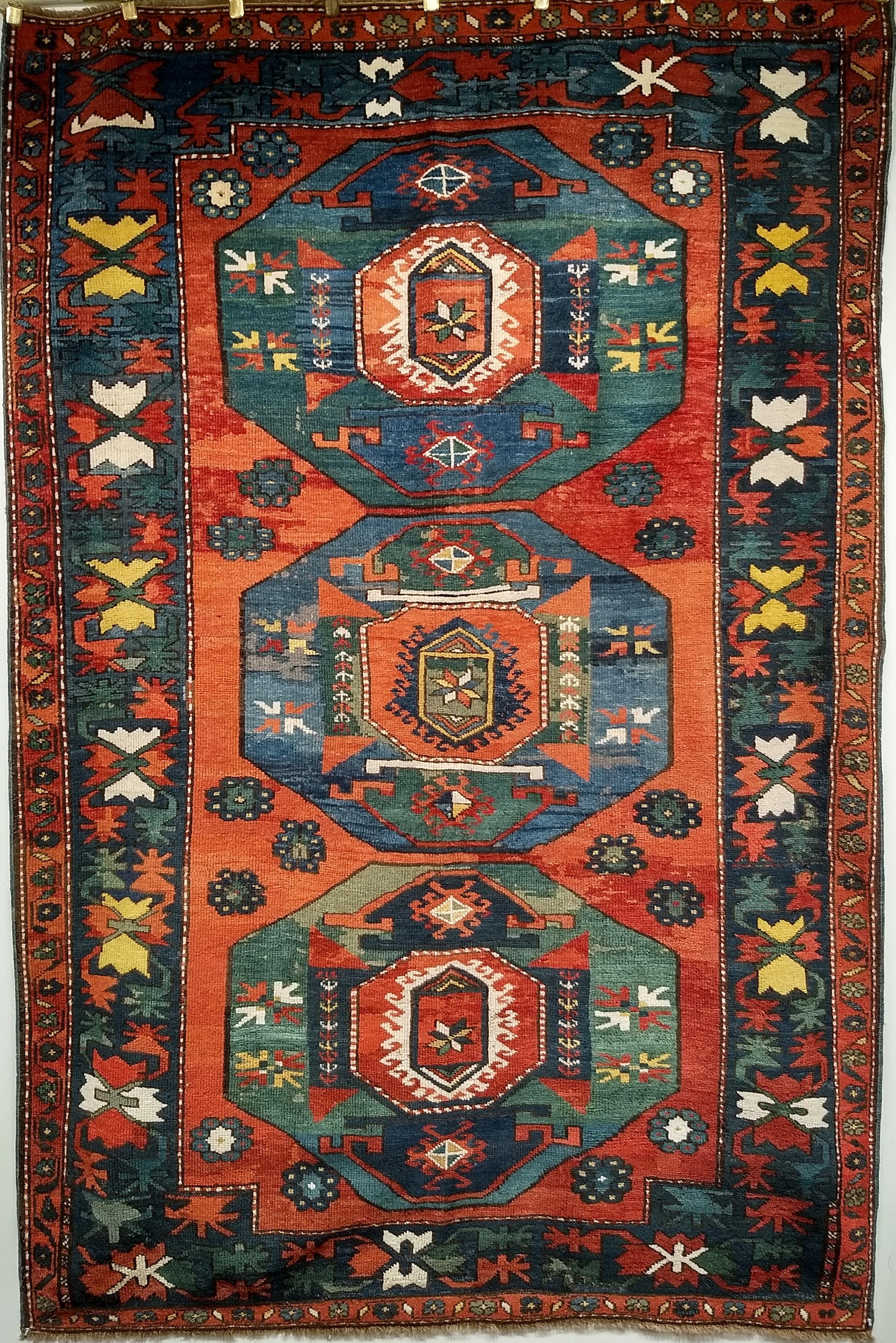 19th Century Caucasian Kazak in Medallion Pattern in Blue, Green, Yellow, Red For Sale 2