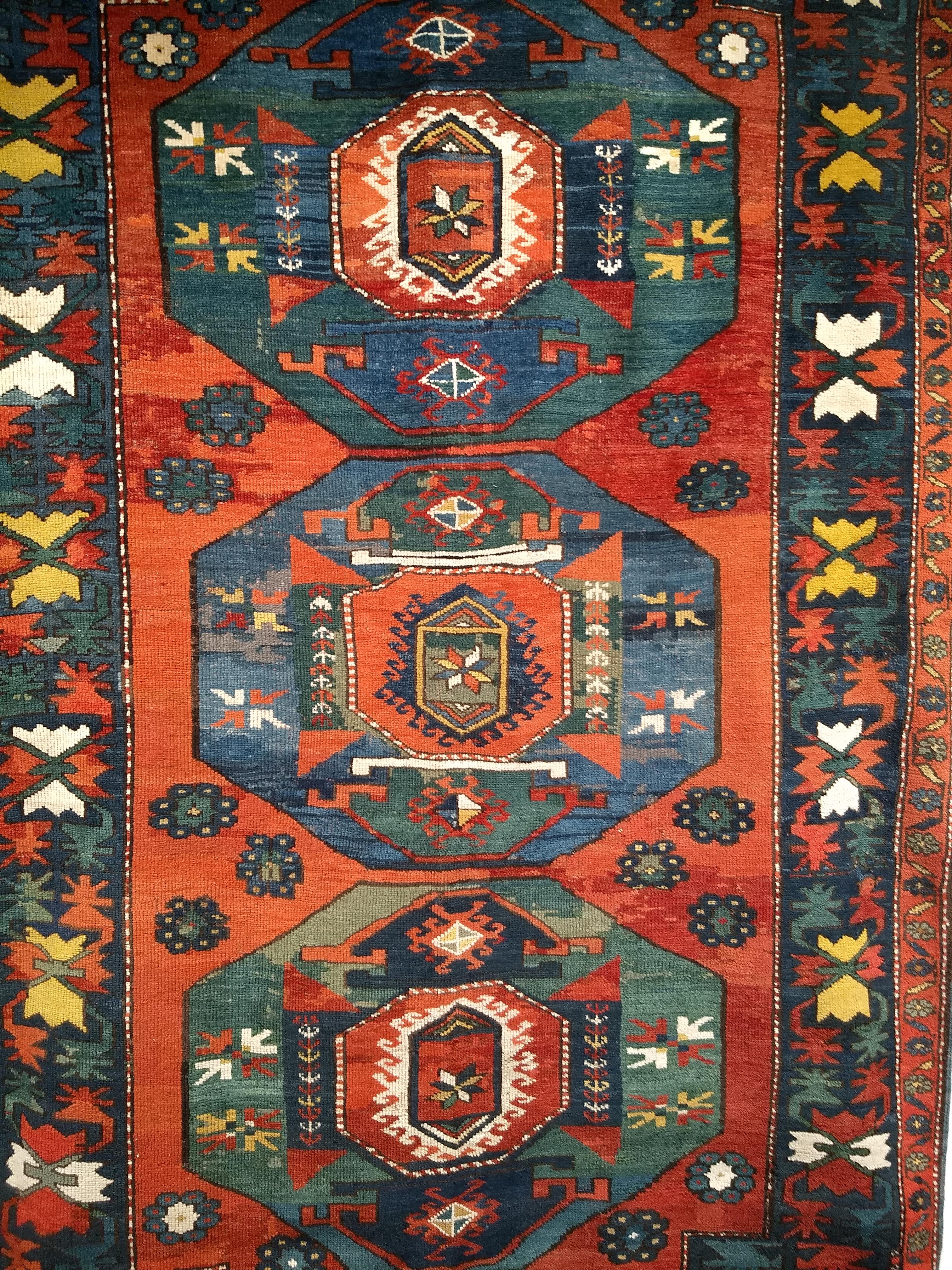 19th Century Caucasian Kazak in Medallion Pattern in Blue, Green, Yellow, Red For Sale 3