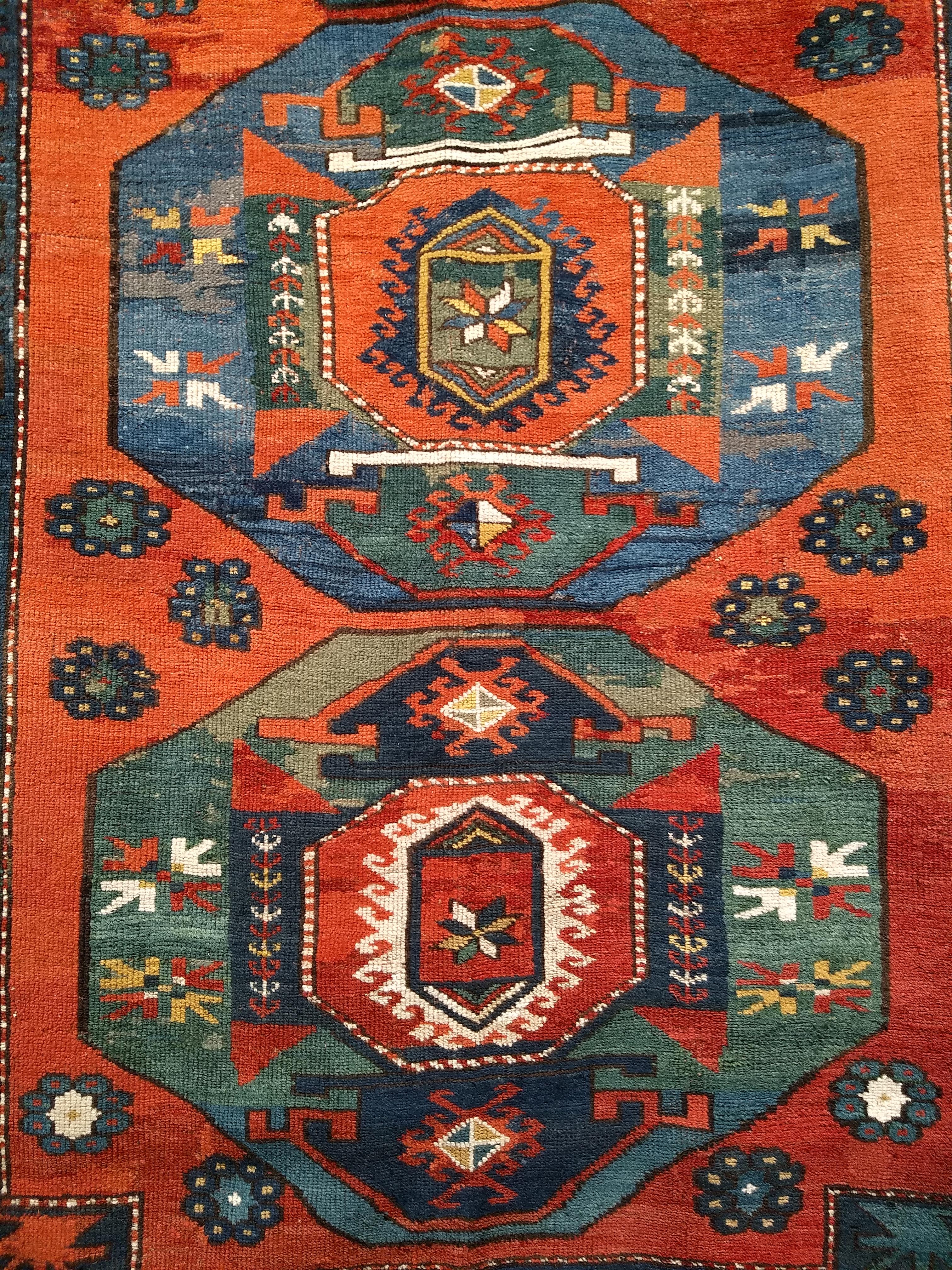 19th Century Caucasian Kazak in Medallion Pattern in Blue, Green, Yellow, Red For Sale 4