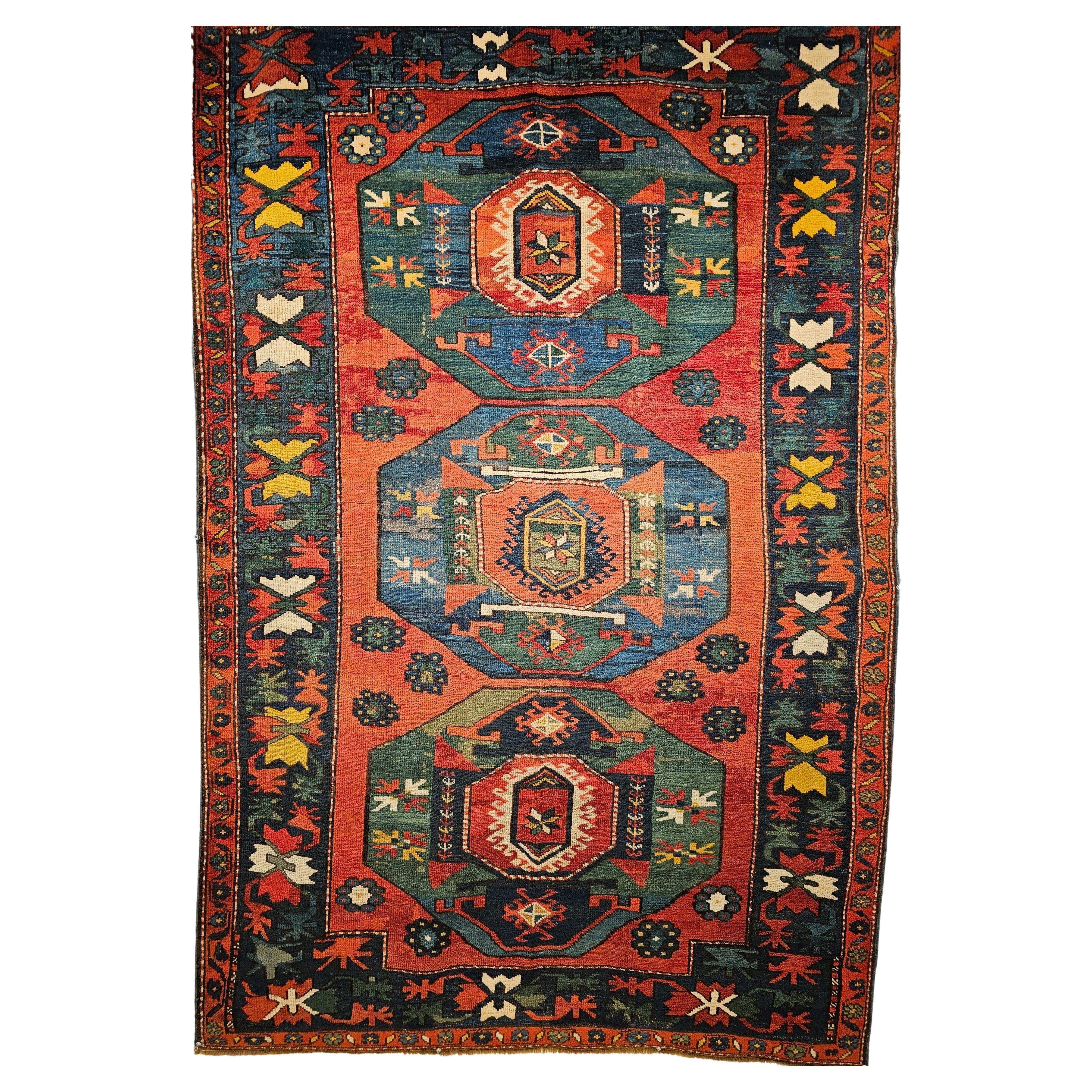 19th Century Caucasian Kazak in Medallion Pattern in Blue, Green, Yellow, Red For Sale