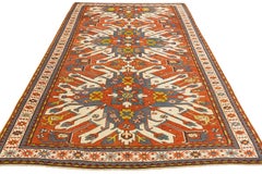 Antique Caucasian Kazak Adler Rug Hand-Knotted, Sunburst Design, Red And Ivory