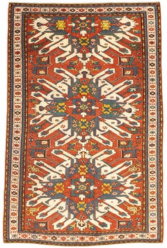 Antique Caucasian Kazak Adler Rug Hand-Knotted, Sunburst Design, Red And Ivory