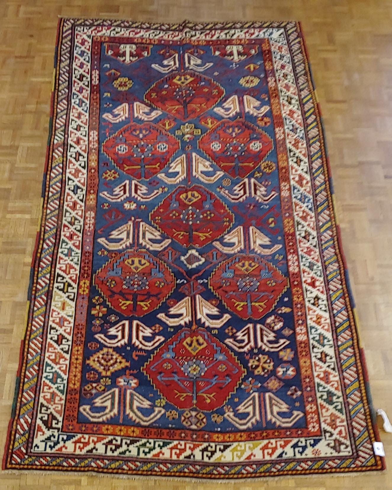 Woven Antique Caucasian Kazak, All-Over Field, Blue Field, Wool, Large Size, 1900 For Sale