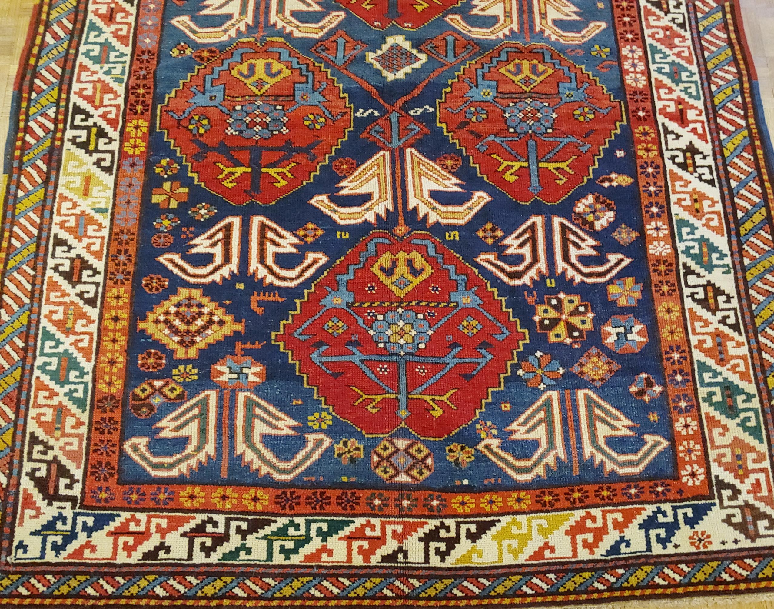 Antique Caucasian Kazak, All-Over Field, Blue Field, Wool, Large Size, 1900 In Good Condition For Sale In Williamsburg, VA