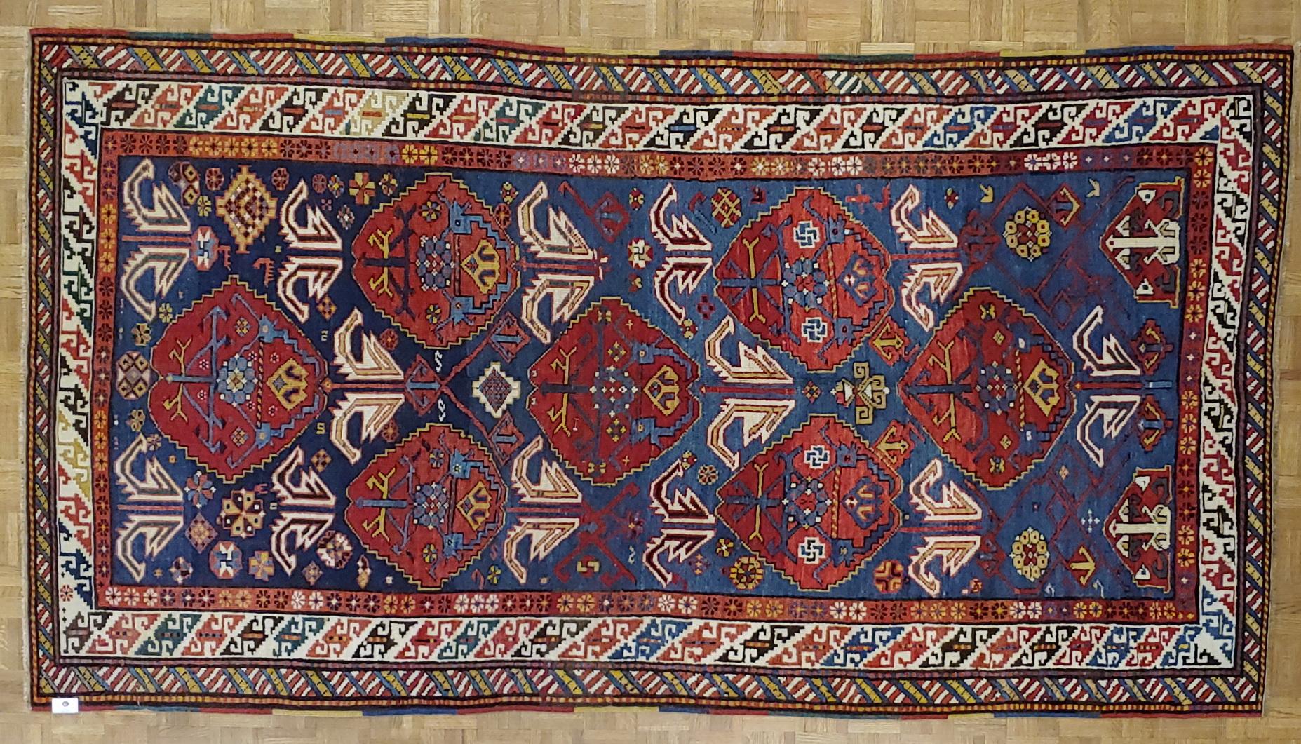 20th Century Antique Caucasian Kazak, All-Over Field, Blue Field, Wool, Large Size, 1900 For Sale