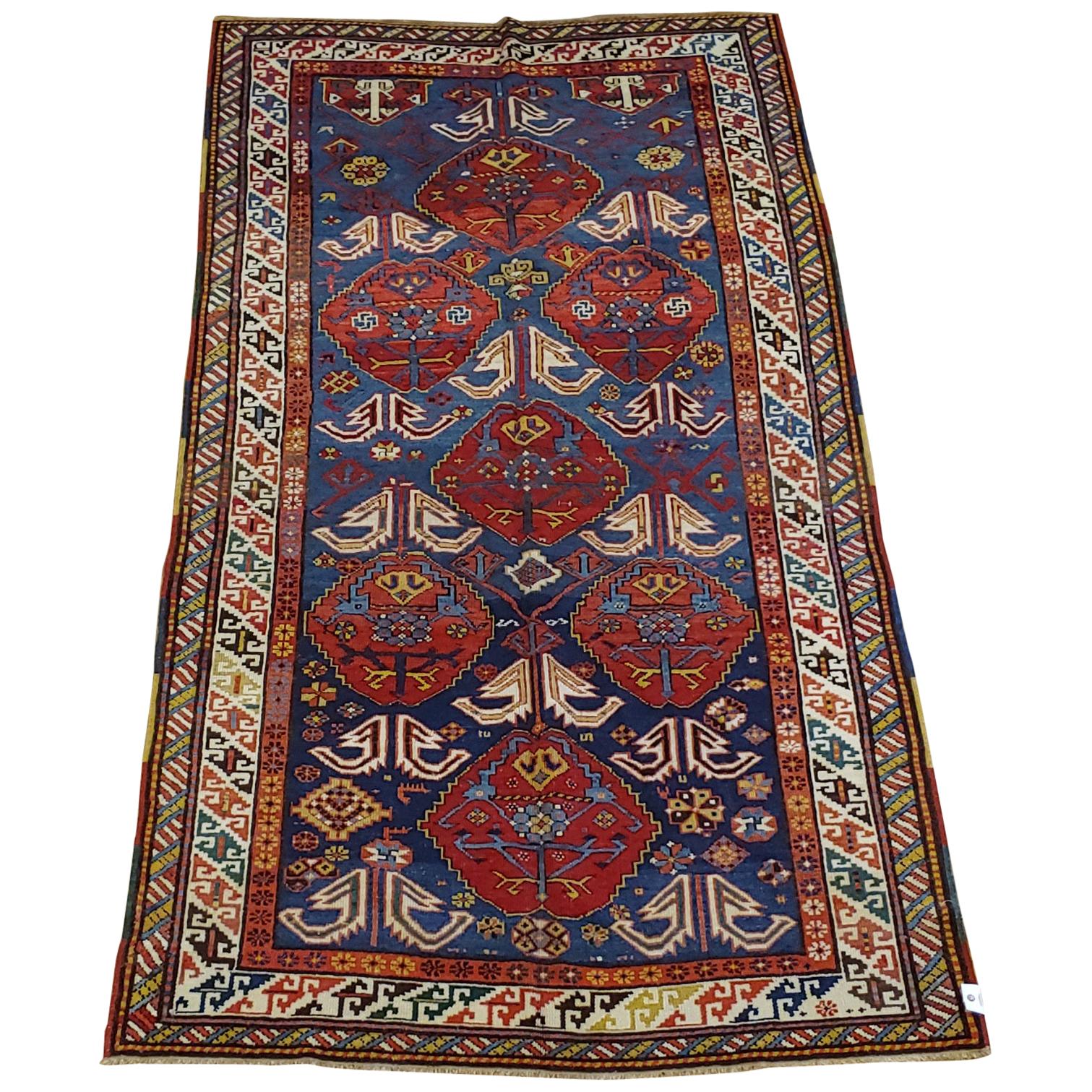 Antique Caucasian Kazak, All-Over Field, Blue Field, Wool, Large Size, 1900 For Sale