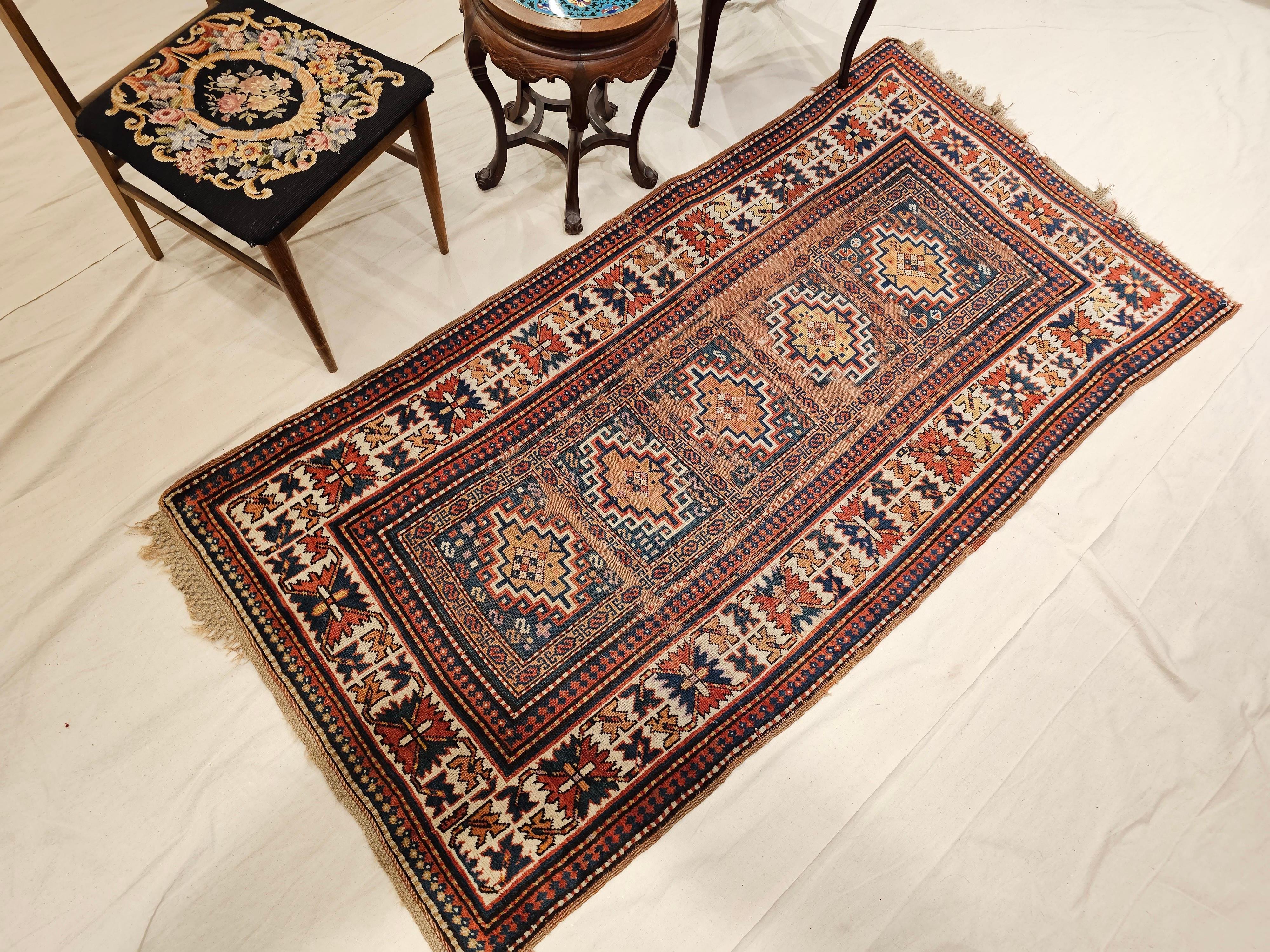 19th Century Caucasian Kazak Area Rug in Geometric Pattern in Blue, Ivory, Red For Sale 5