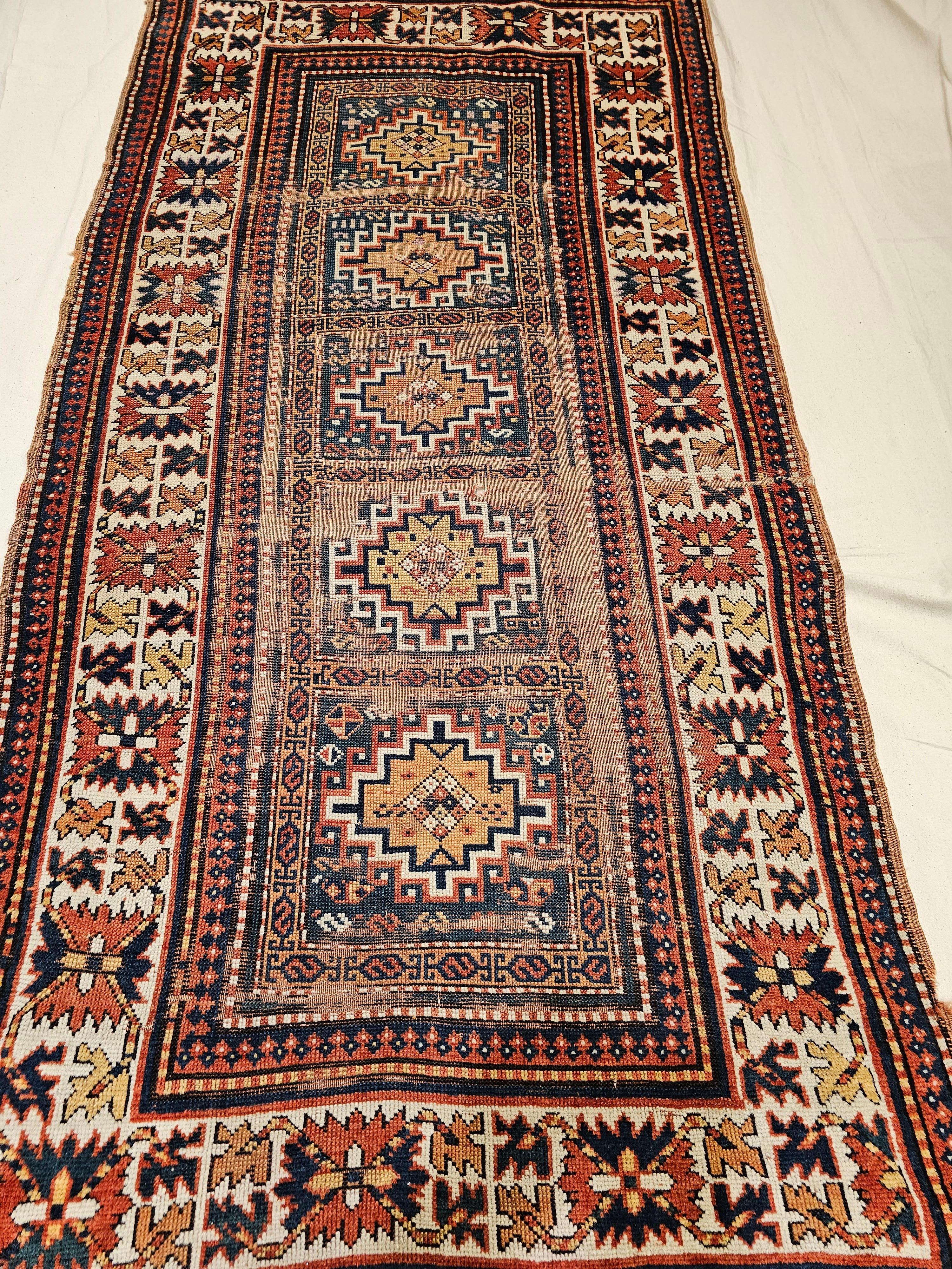19th Century Caucasian Kazak Area Rug in Geometric Pattern in Blue, Ivory, Red For Sale 1