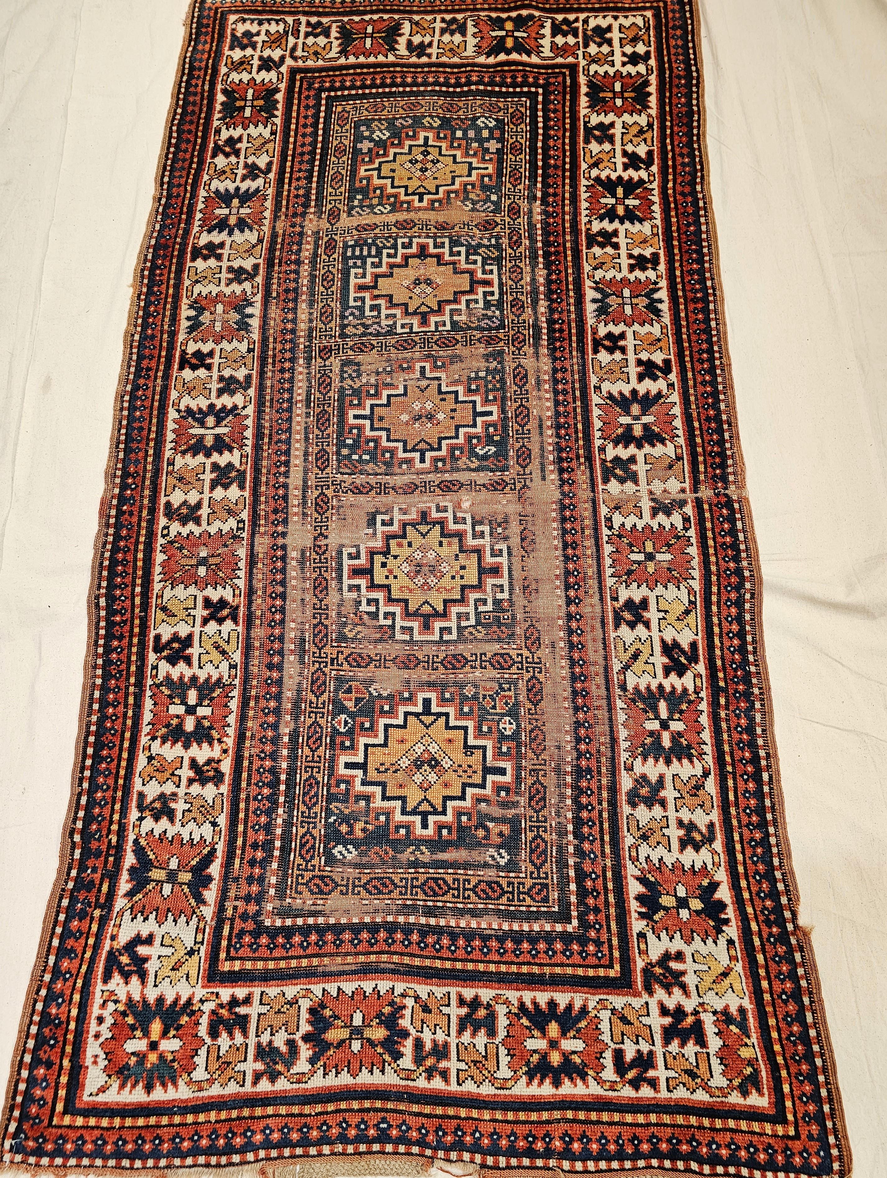 19th Century Caucasian Kazak Area Rug in Geometric Pattern in Blue, Ivory, Red For Sale 2