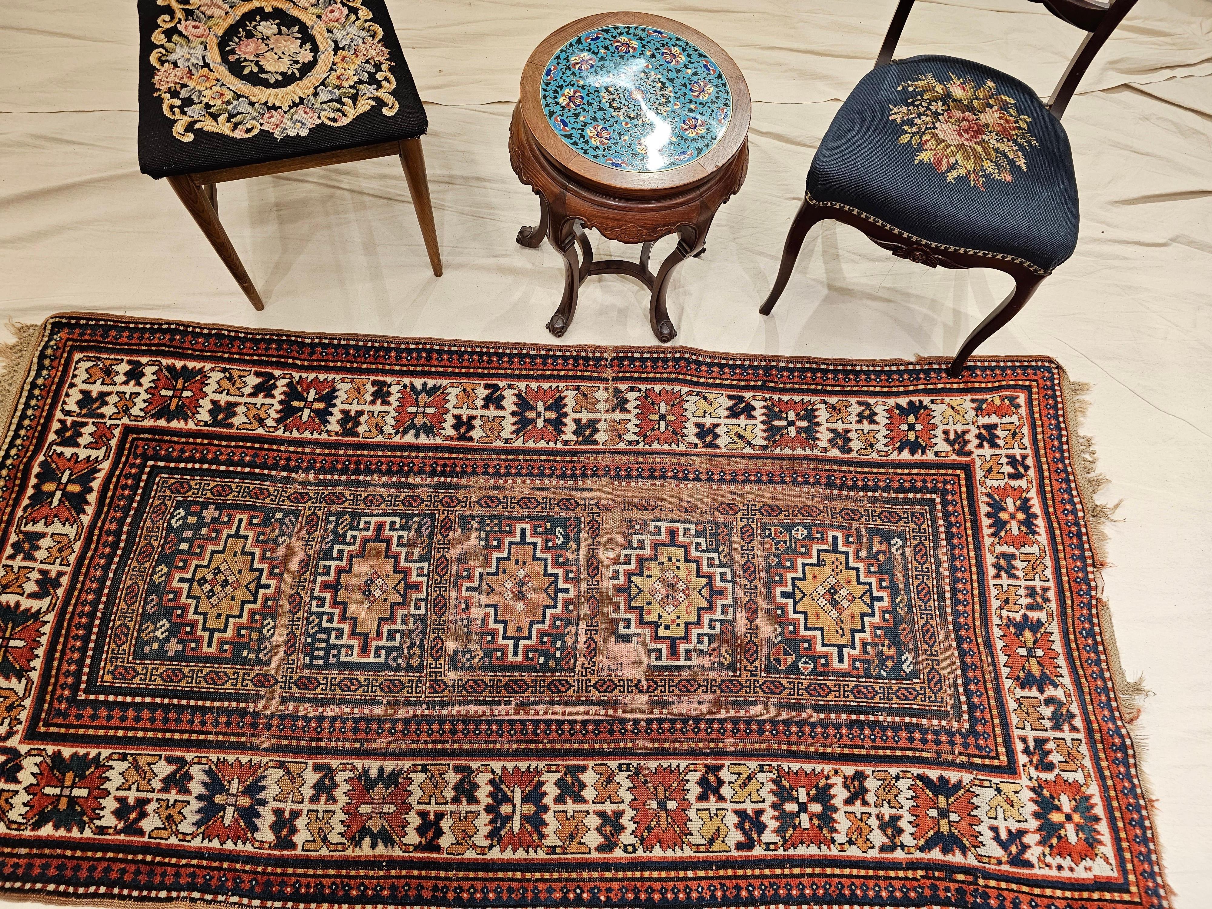 19th Century Caucasian Kazak Area Rug in Geometric Pattern in Blue, Ivory, Red For Sale 4