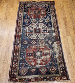 Antique Caucasian Kazak Wide Runner, Hand-Knotted Wool, Blue & Red, 4' x 8'