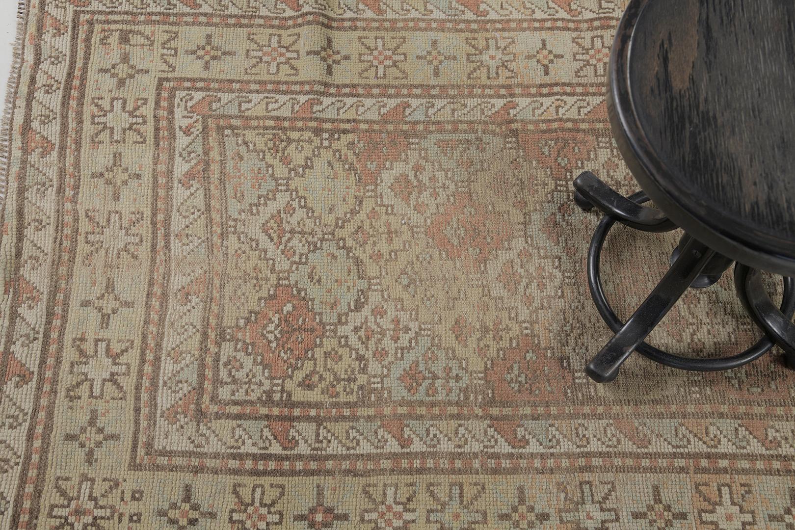 Our traditional Caucasian Kazak rug is inspired by tribal patterns. Neutral color schemes are well-complemented with the panel all-over design. This rug is a deal for flooring or wall applications. It is embellished with motifs and Russian tribal