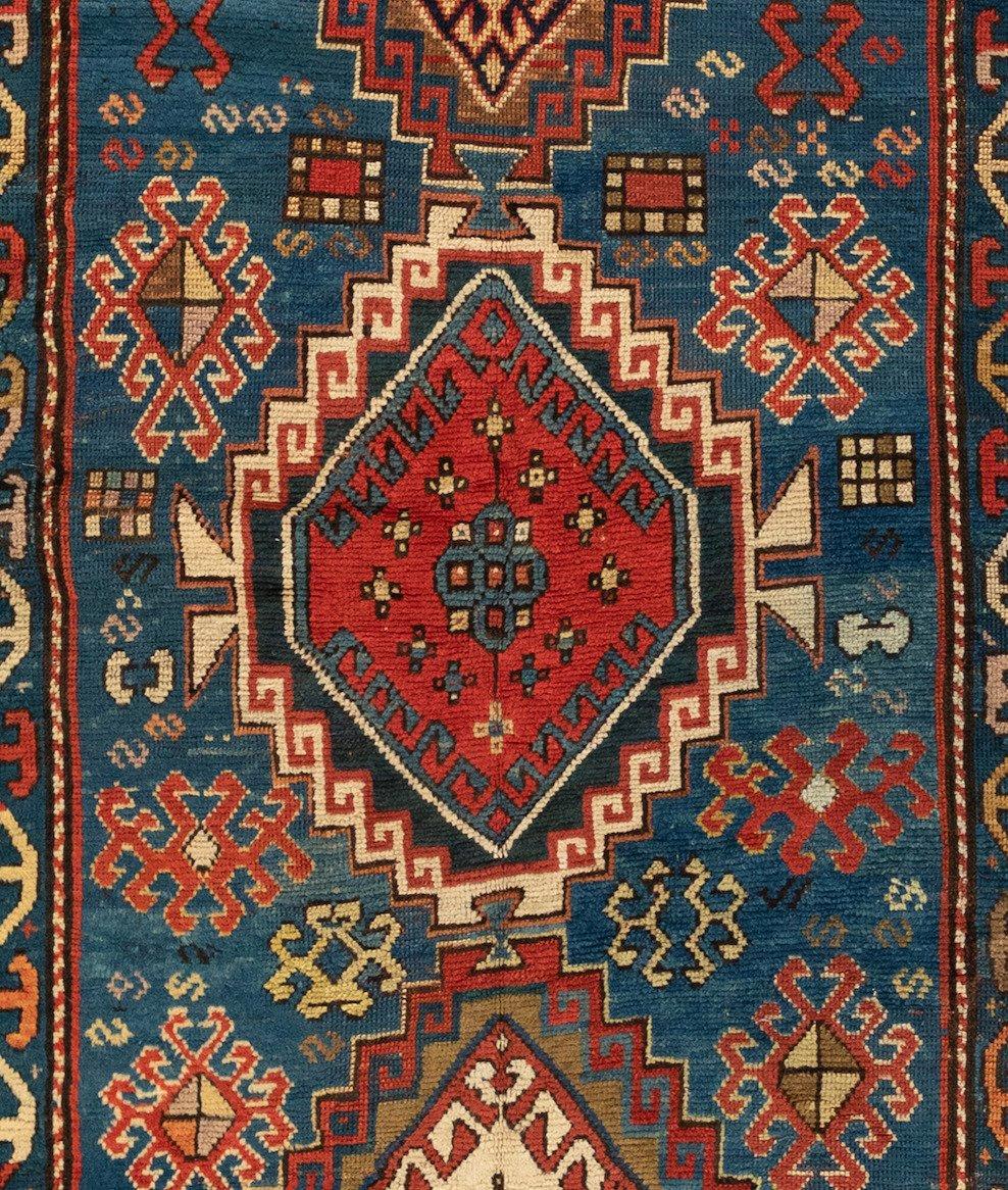 Hand-Woven Antique Caucasian Tribal Blue Red Kazak Carpet, c. 1900s-1910s For Sale