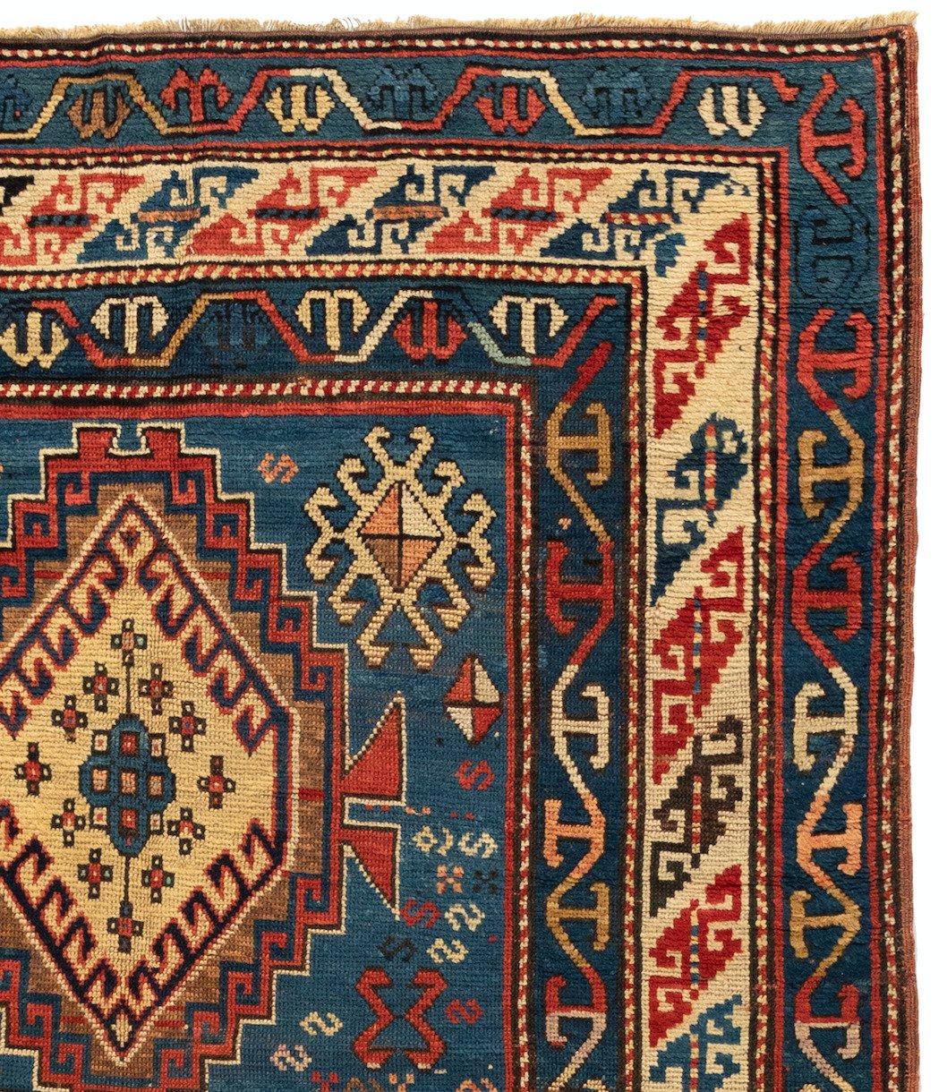 Antique Caucasian Tribal Blue Red Kazak Carpet, c. 1900s-1910s In Good Condition For Sale In New York, NY