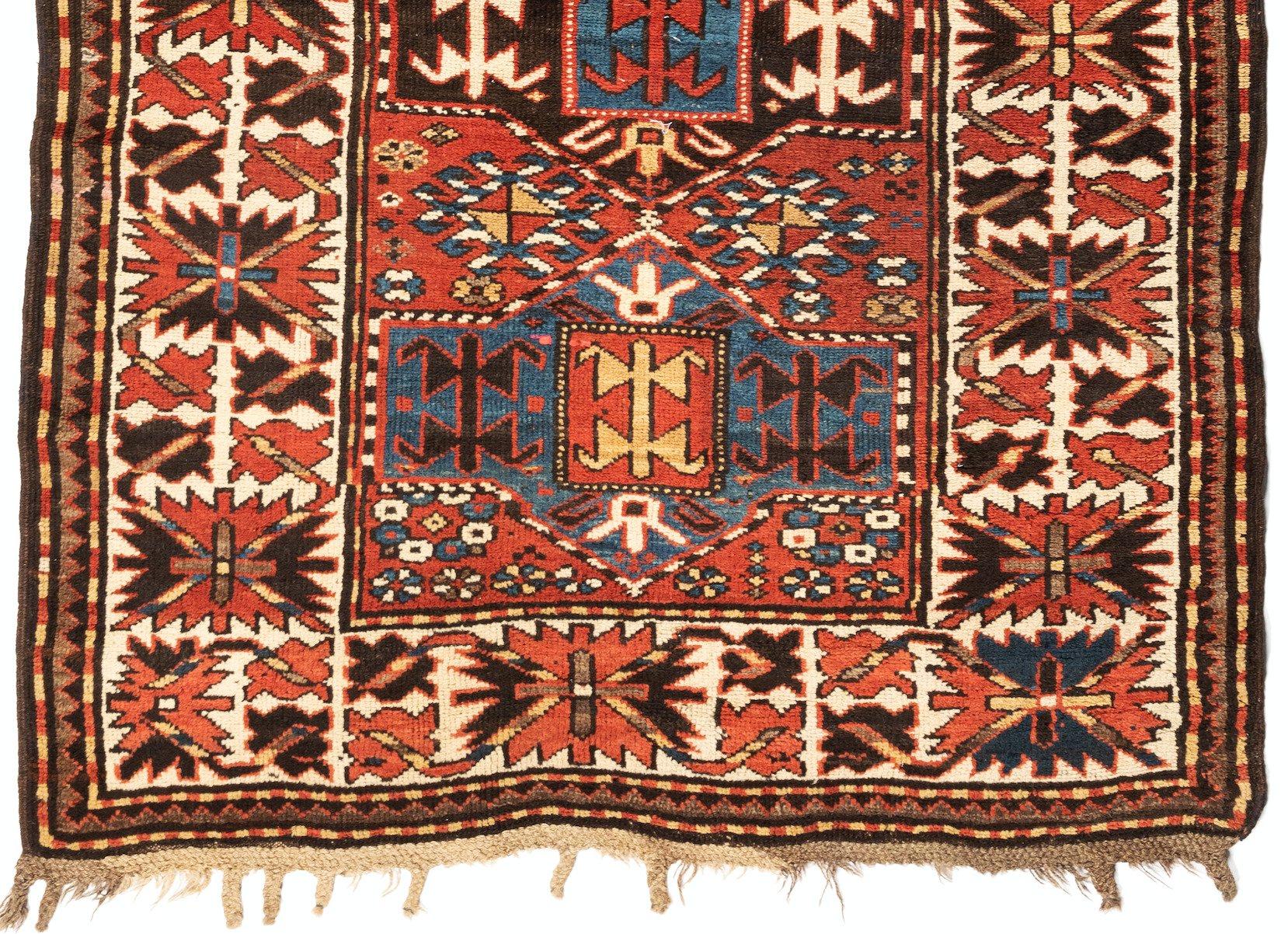 Antique Caucasian Rust and Blue Kazak Rug, c. 1930s-1940s In Good Condition For Sale In New York, NY
