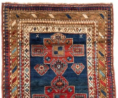 Antique Navy Blue Red Gold Tribal Geometric Caucasian Kazak Rug circa 1930s