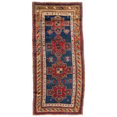 Antique Navy Blue Red Gold Tribal Geometric Caucasian Kazak Rug circa 1930s