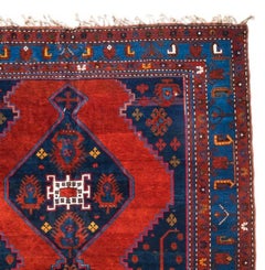 Antique Caucasian Tribal Red Navy Blue Geometric Kazak Rug, circa 1950s