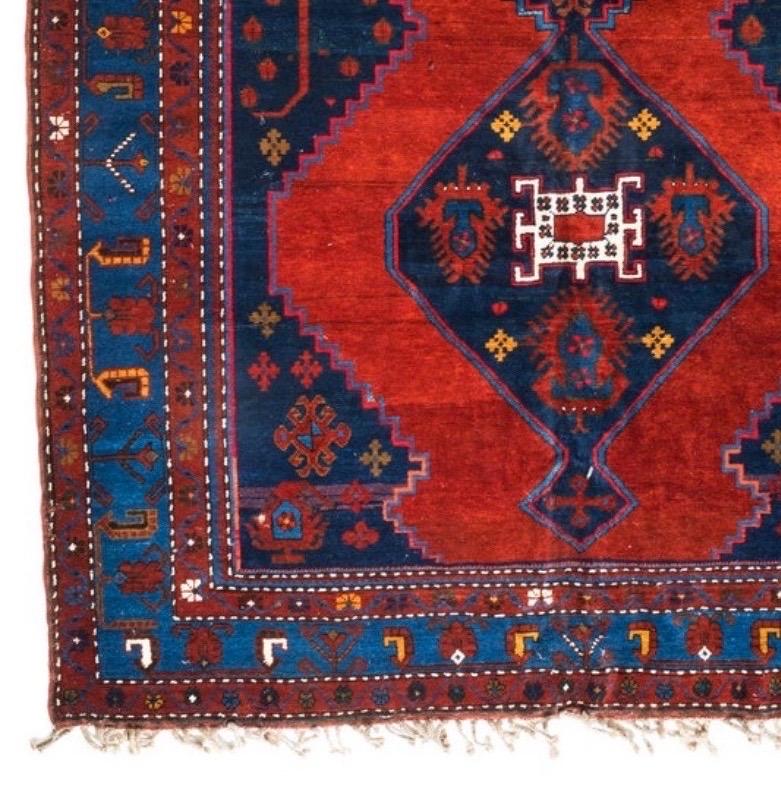 Hand-Woven Antique Caucasian Tribal Red Navy Blue Geometric Kazak Rug, circa 1950s For Sale