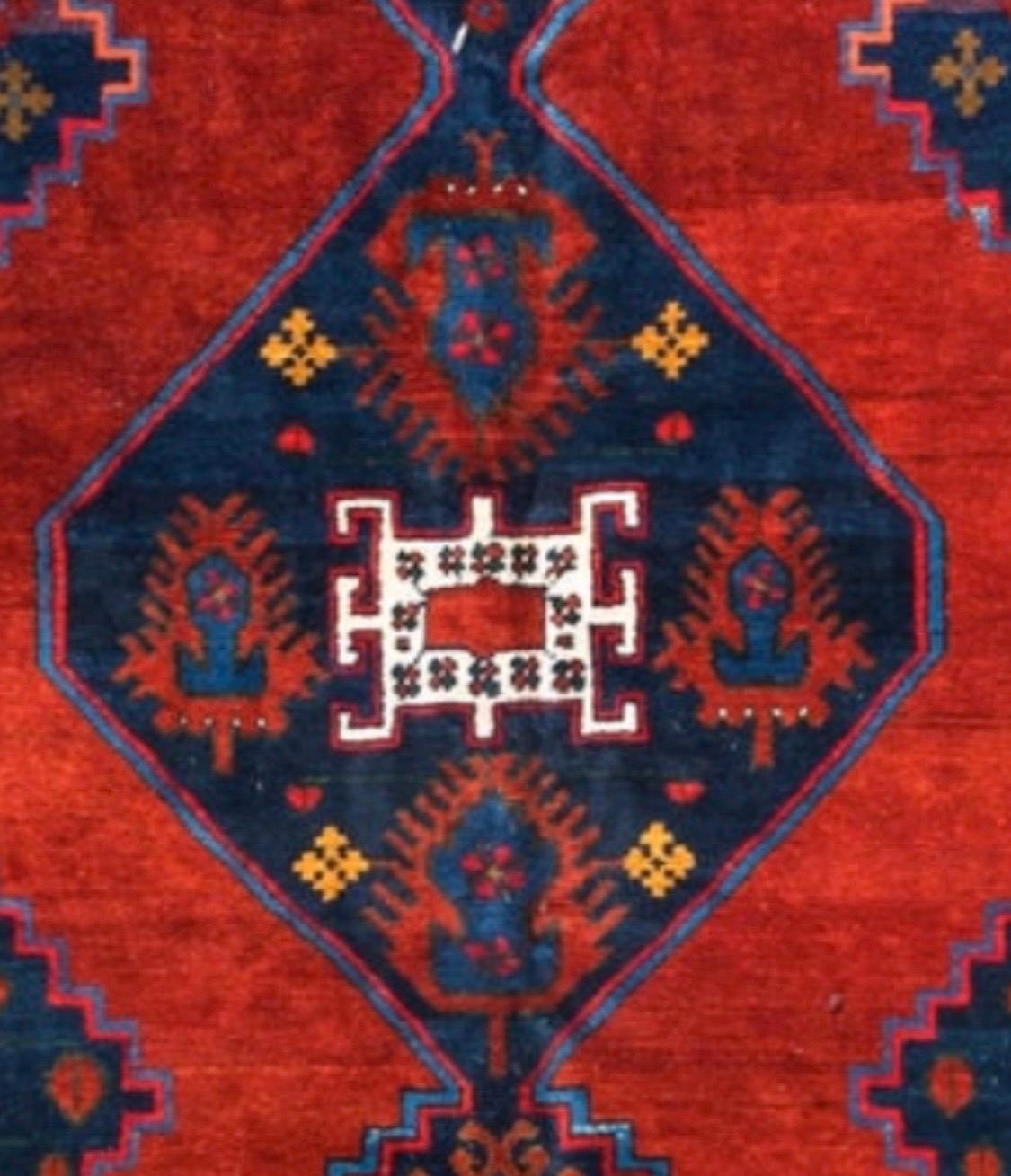 Antique Caucasian Tribal Red Navy Blue Geometric Kazak Rug, circa 1950s In Good Condition For Sale In New York, NY