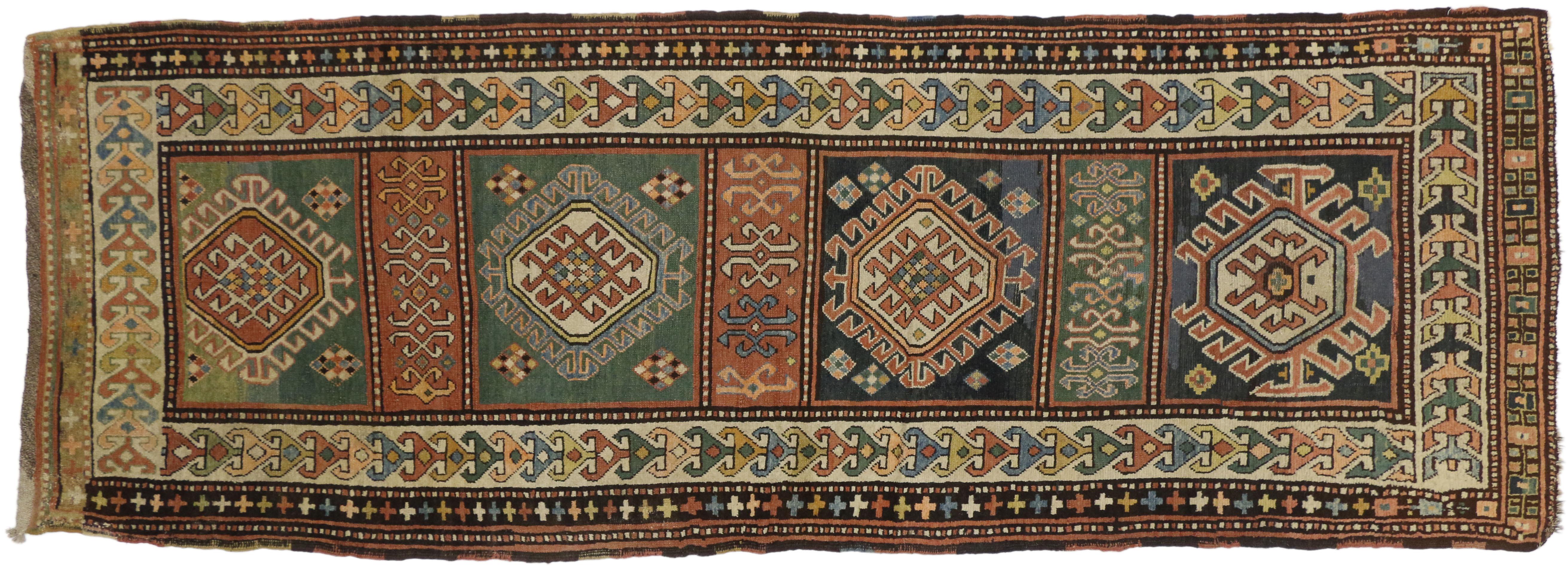 Wool Rustic Tribal Style Antique Caucasian Kazak Rug, Wide Hallway Runner