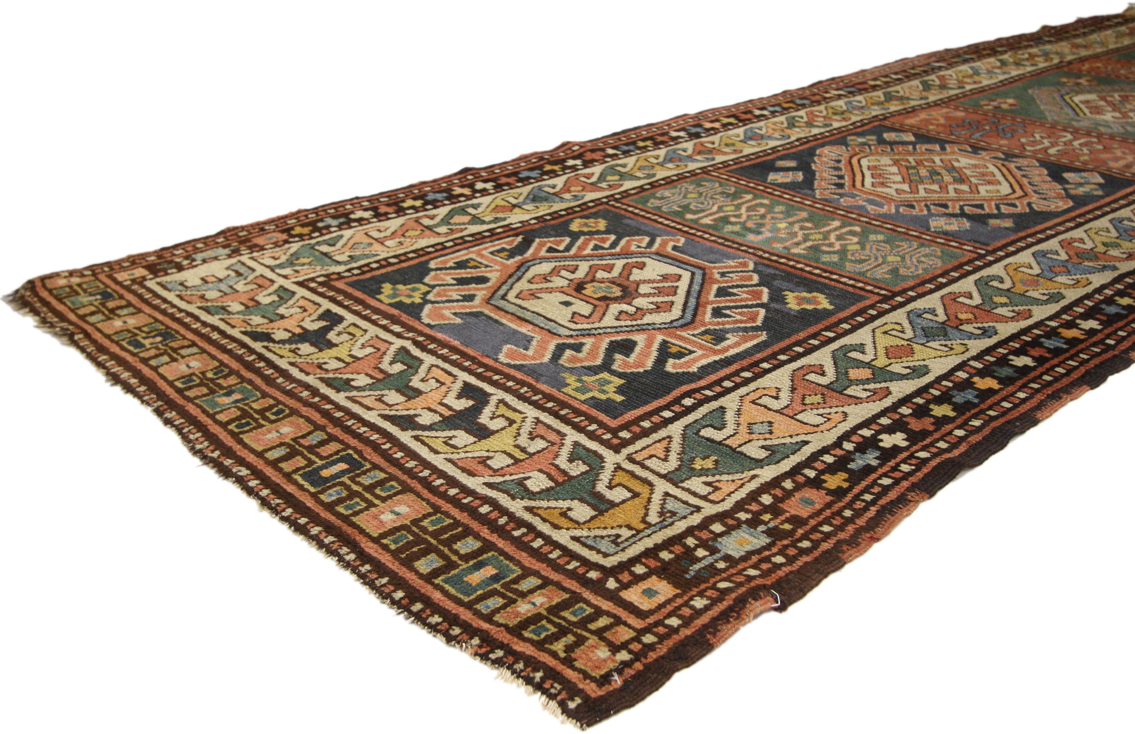 72984 Rustic Tribal Style Antique Caucasian Kazak Rug, Wide Hallway Runner. This hand-knotted wool antique Caucasian Kazak carpet runner with modern tribal style communicates some of the finer and more important points of geometric design elements.