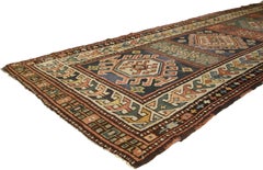 Rustic Tribal Style Antique Caucasian Kazak Rug, Wide Hallway Runner