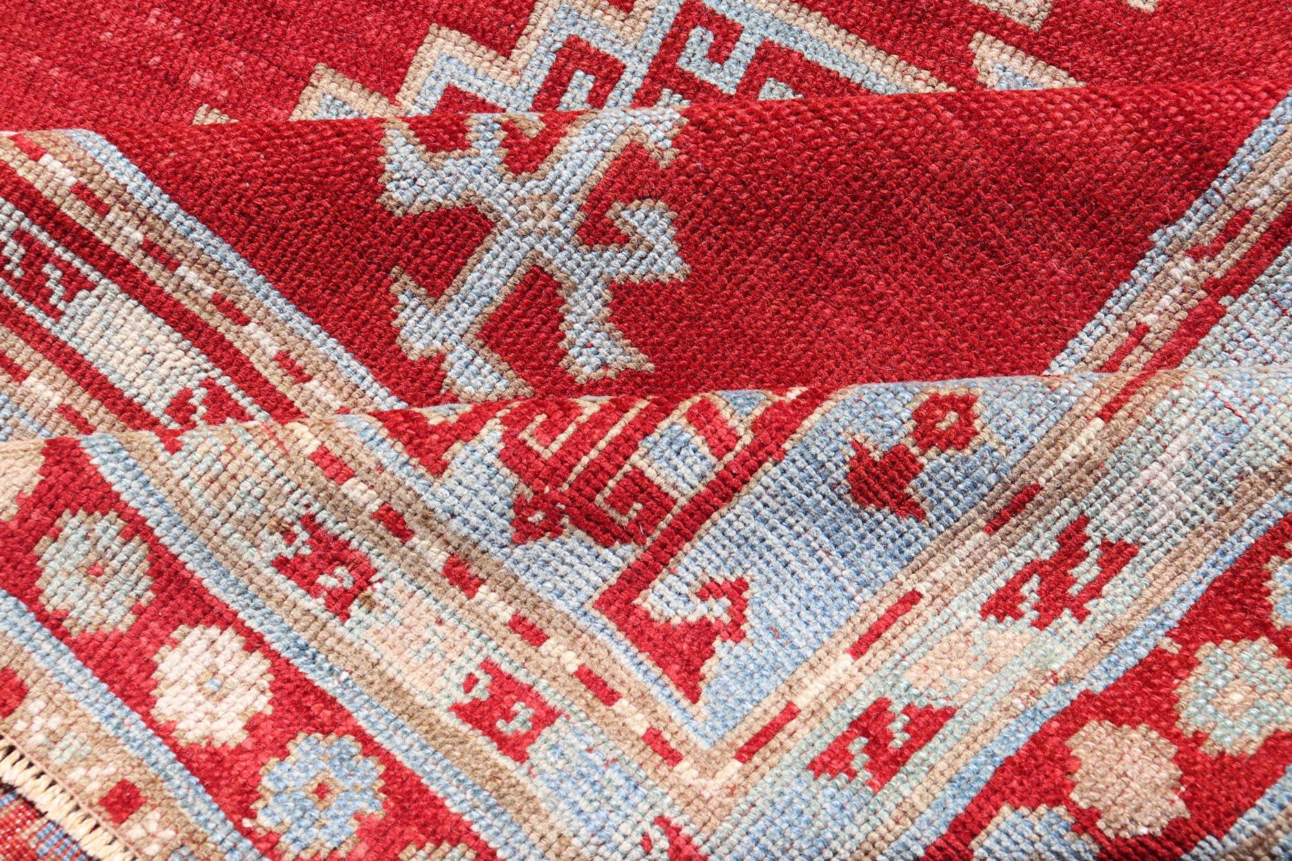 Antique Caucasian Kazak Gallery Rug in Brilliant Red with Geometric Design For Sale 5
