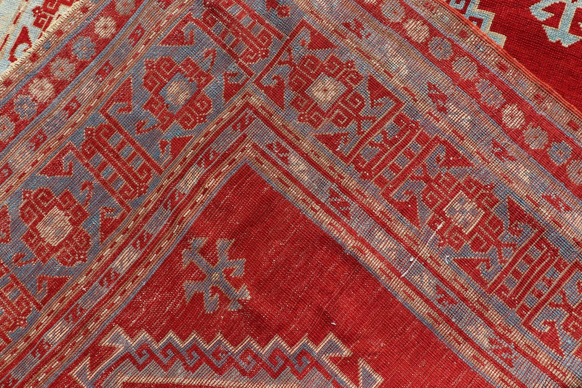 Antique Caucasian Kazak Gallery Rug in Brilliant Red with Geometric Design For Sale 6