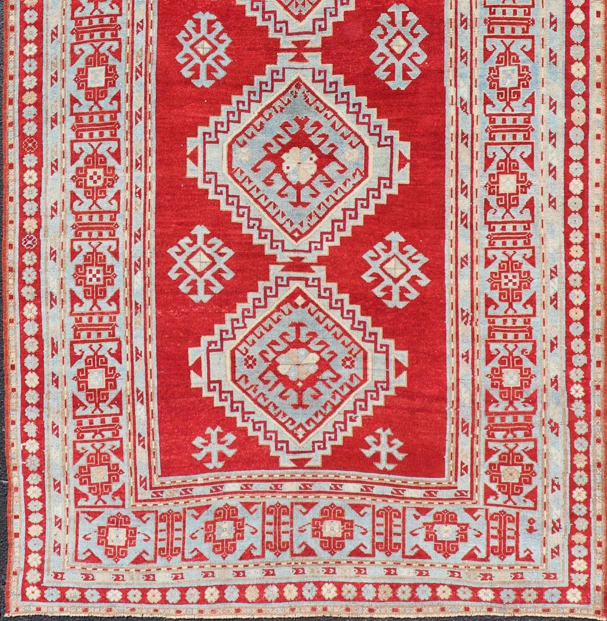 Antique Caucasian Kazak Gallery Rug in Brilliant Red with Geometric Design In Good Condition For Sale In Atlanta, GA