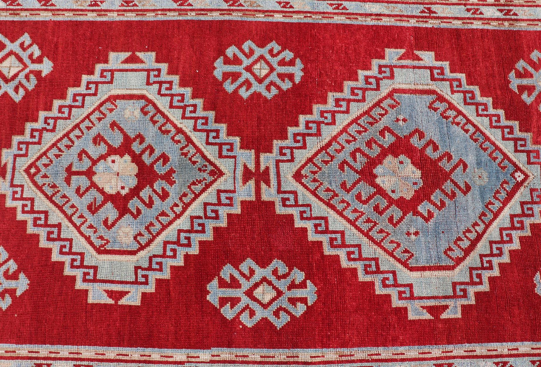Antique Caucasian Kazak Gallery Rug in Brilliant Red with Geometric Design For Sale 1