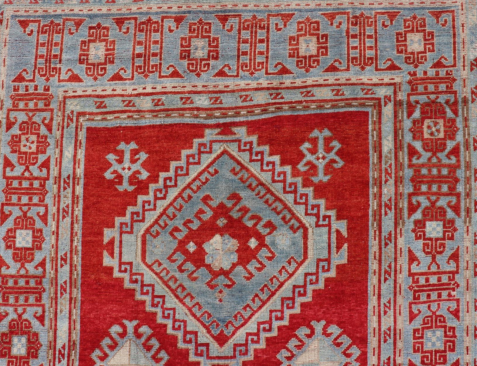 Antique Caucasian Kazak Gallery Rug in Brilliant Red with Geometric Design For Sale 2