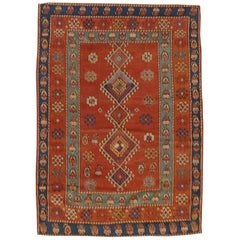 Antique Caucasian Kazak, Geometric Design, Rust Field, Wool, Scatter, 1900