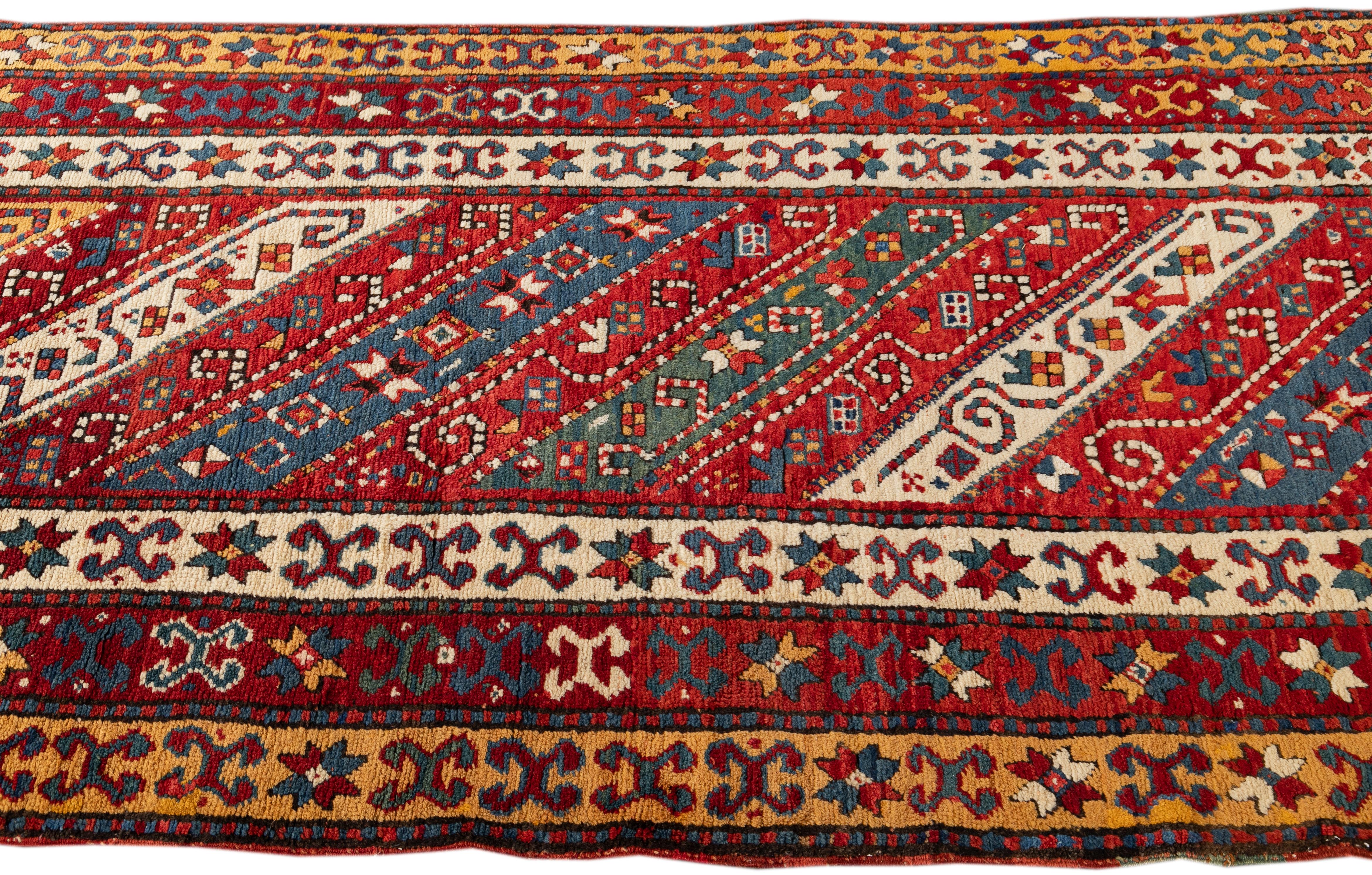 Hand-Knotted Antique Caucasian Kazak Handmade Gallery Wool Rug with Allover Multicolor Motif  For Sale