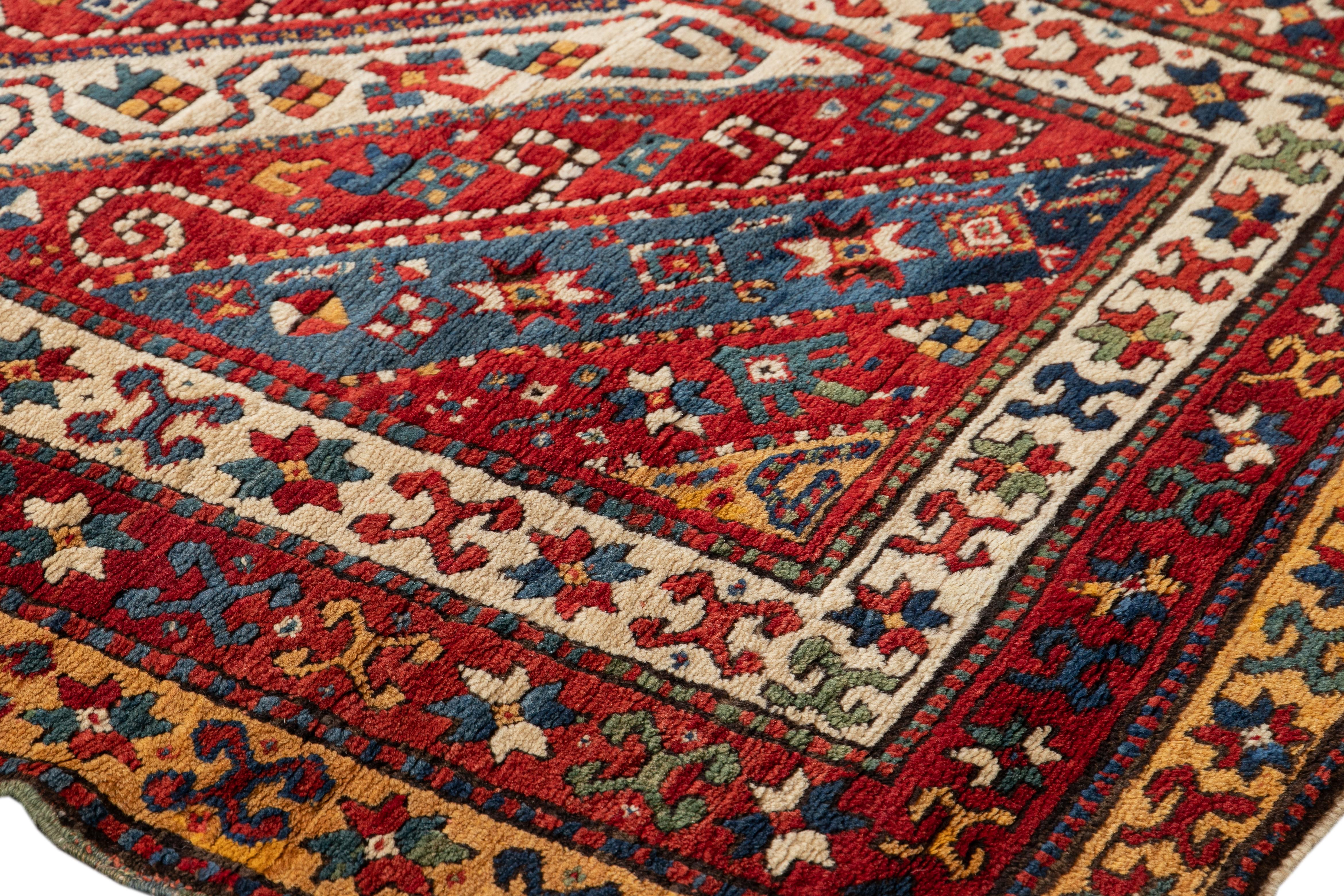 Antique Caucasian Kazak Handmade Gallery Wool Rug with Allover Multicolor Motif  In Good Condition For Sale In Norwalk, CT