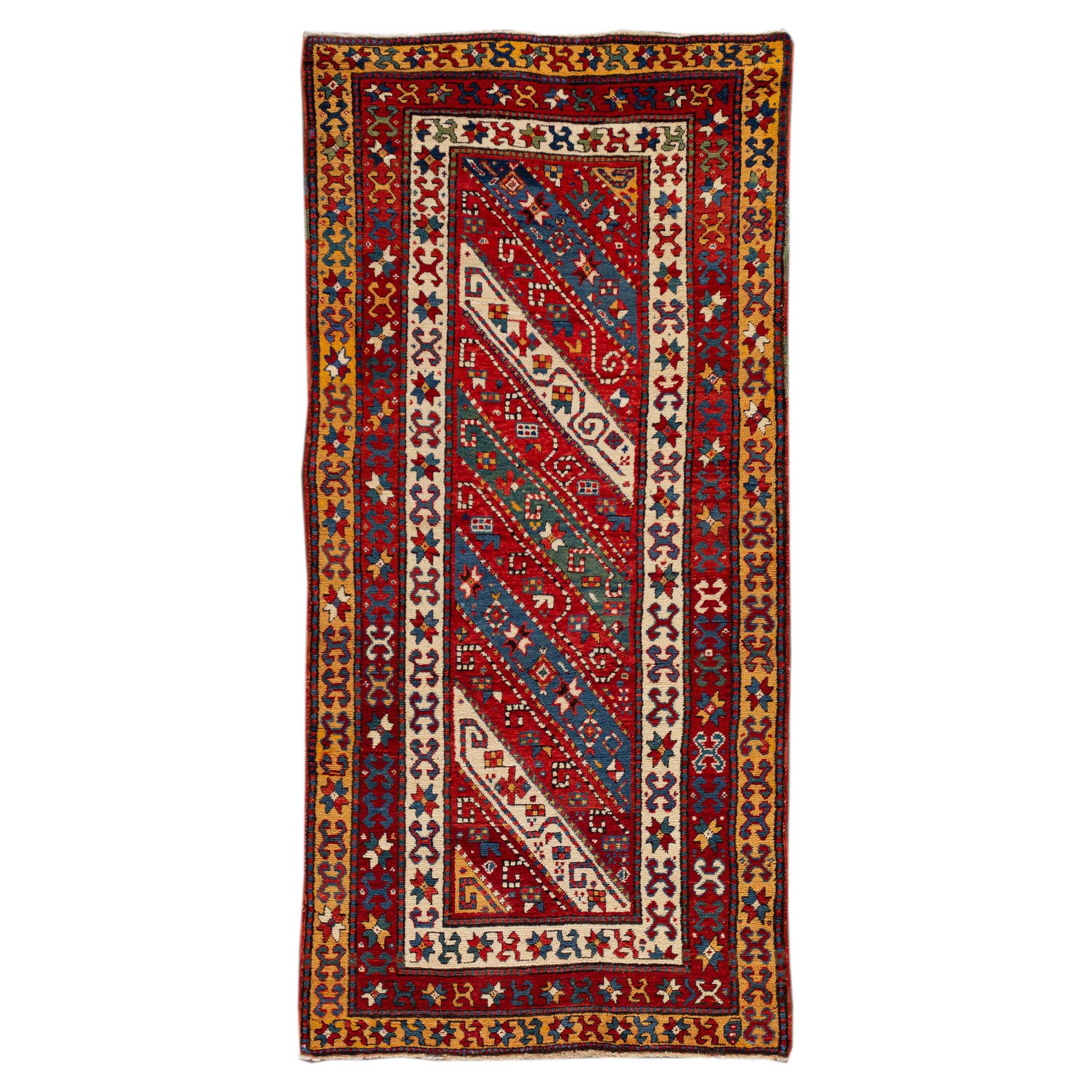 Antiker kaukasischer handgefertigter Kaukasischer Galerie-Wollteppich mit mehrfarbigem Motiv