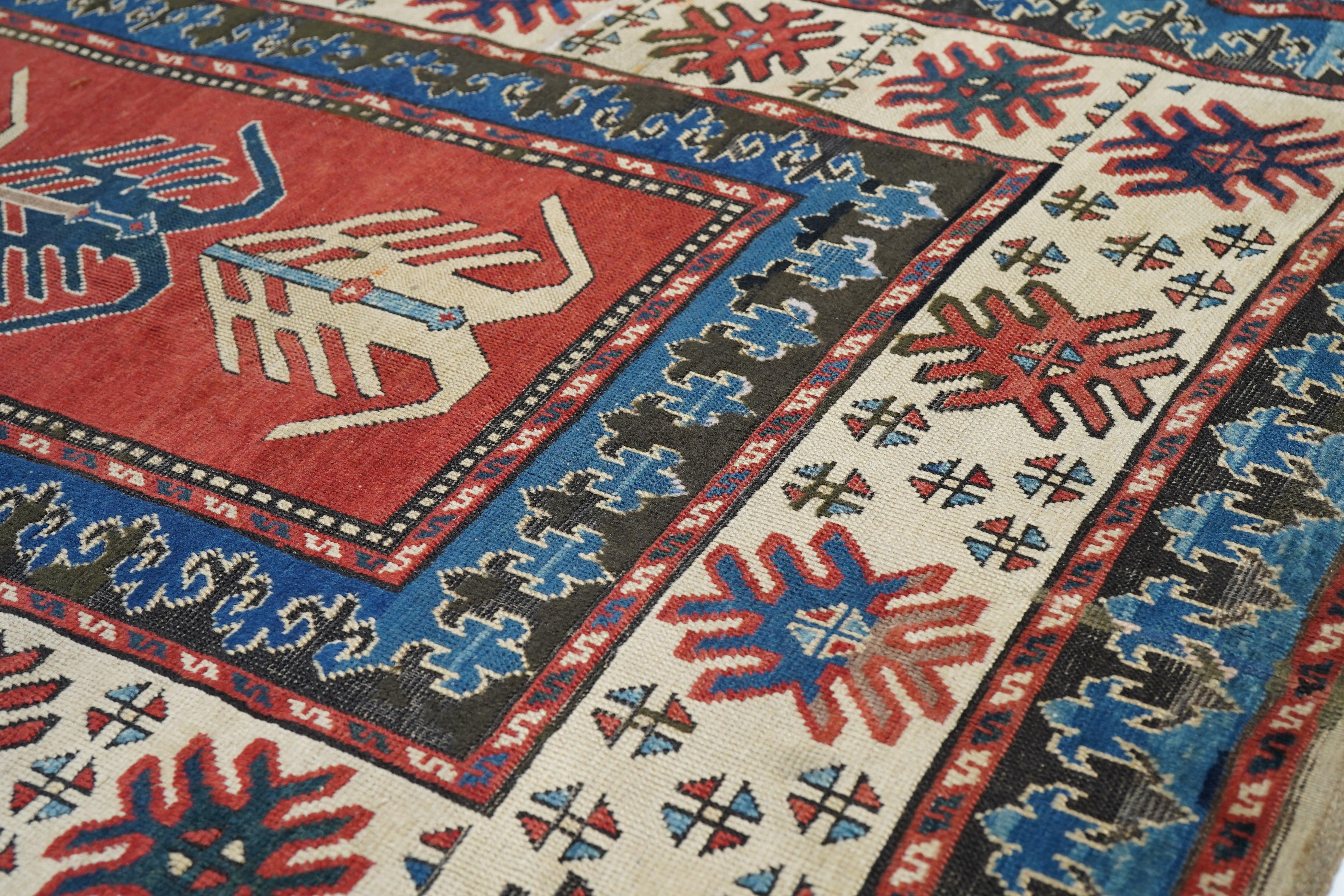 Wool Antique Caucasian Kazak Long Rug 5'2